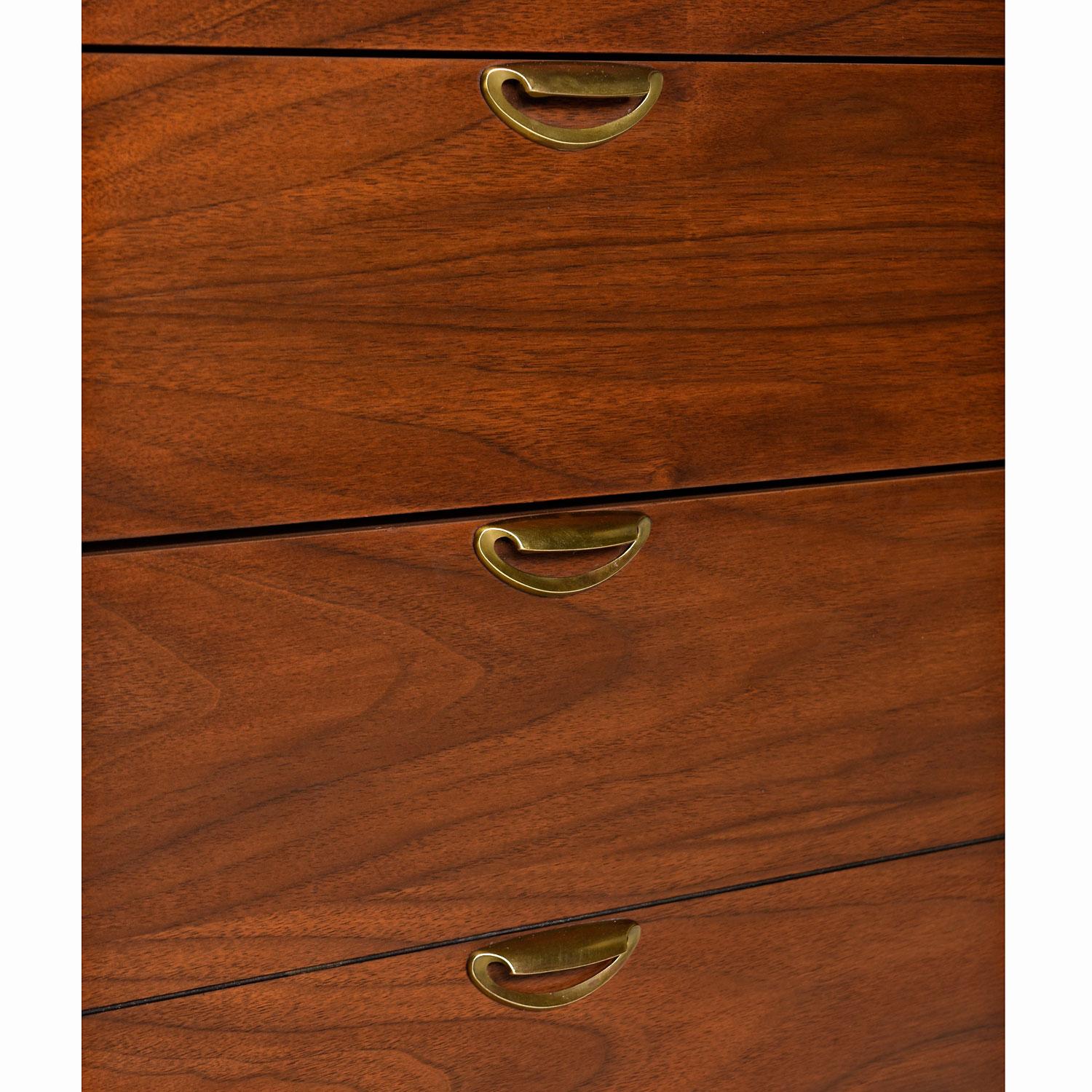 American Mid-Century Modern Brass and Walnut Highboy Dresser Chest of Drawers by Bassett