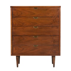 Used Mid-Century Modern Brass and Walnut Highboy Dresser Chest of Drawers by Bassett