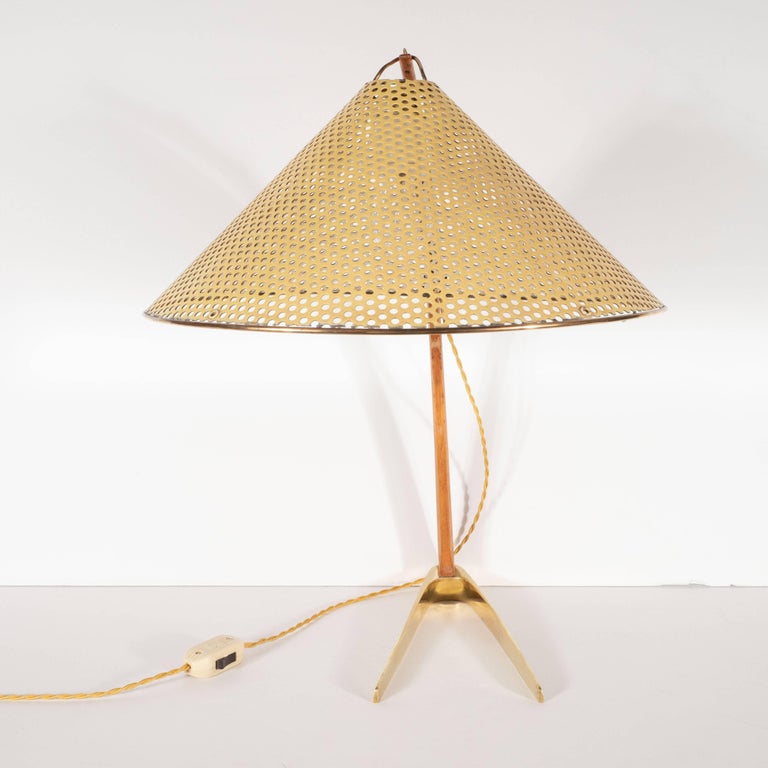 MidCentury Modern Brass and Walnut Table Lamp with Perforated Enameled Shade at 1stDibs