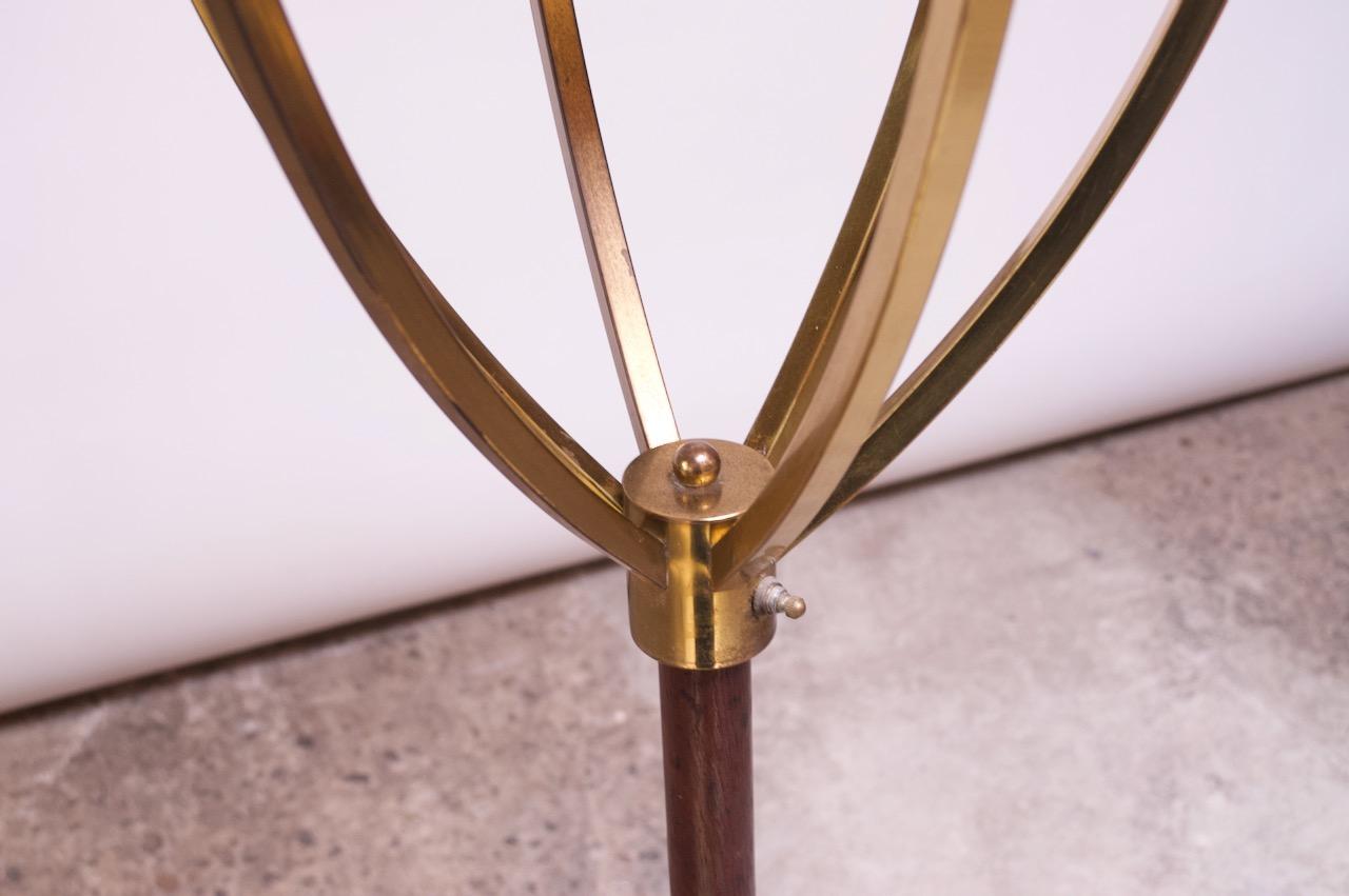 Mid-Century Modern Brass and Walnut Tension Pole Lamp with Cased Glass Fixtures 3