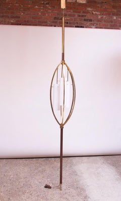Mid-Century Modern Brass and Walnut Tension Pole Lamp with Cased Glass Fixtures
