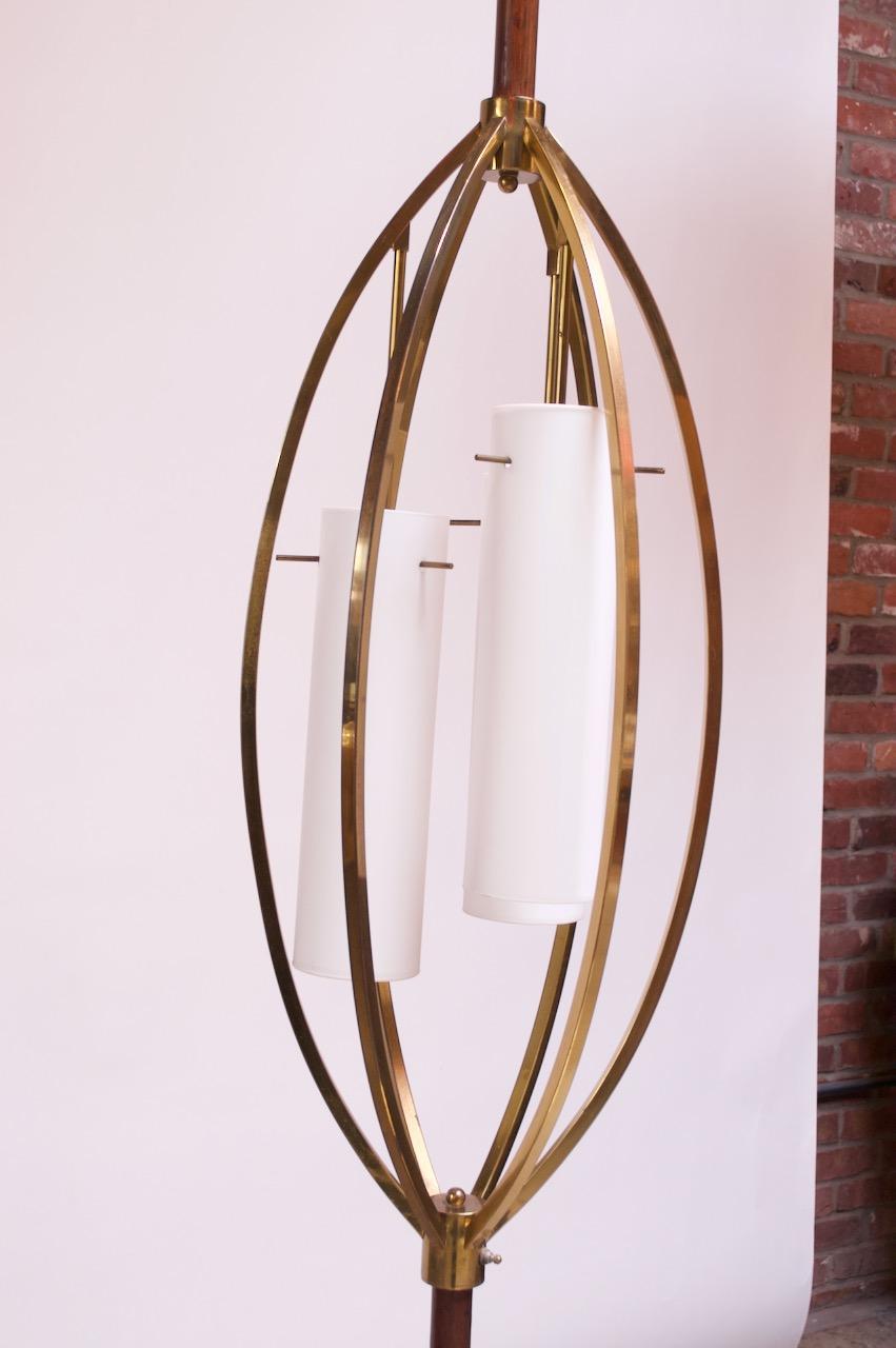 American Mid-Century Modern Brass and Walnut Tension Pole Lamp with Cased Glass Fixtures