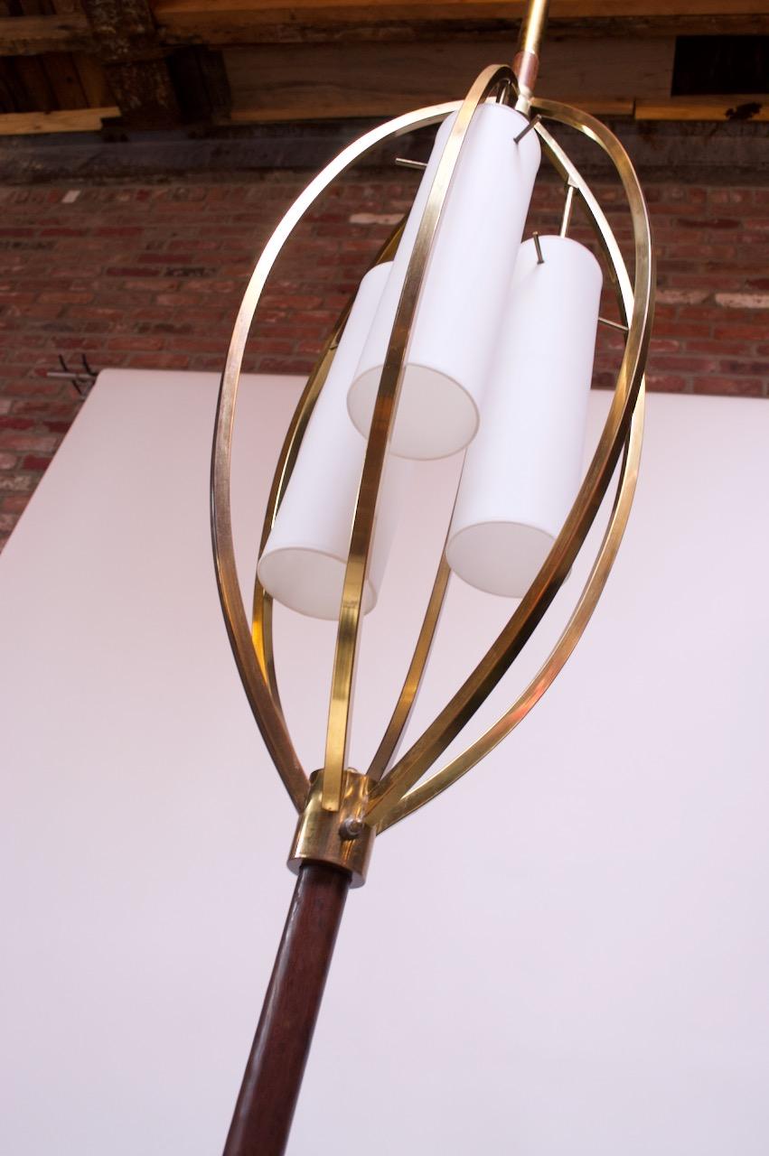 Mid-Century Modern Brass and Walnut Tension Pole Lamp with Cased Glass Fixtures In Good Condition In Brooklyn, NY