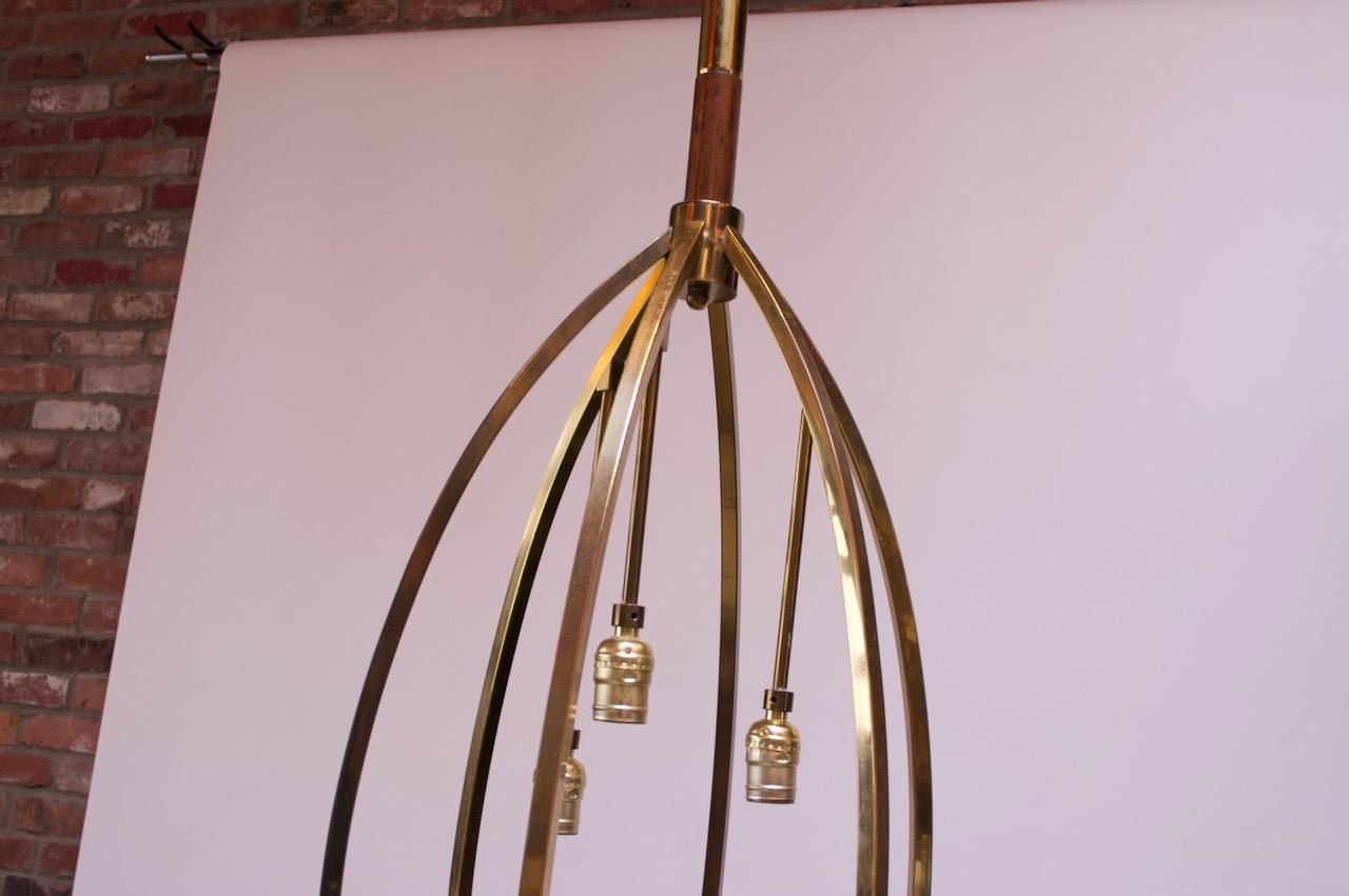 Mid-20th Century Mid-Century Modern Brass and Walnut Tension Pole Lamp with Cased Glass Fixtures