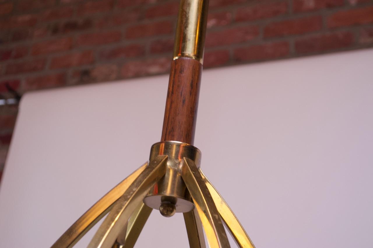 Mid-Century Modern Brass and Walnut Tension Pole Lamp with Cased Glass Fixtures 2