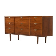 Retro Mid-Century Modern Brass and Walnut Triple Dresser by Bassett