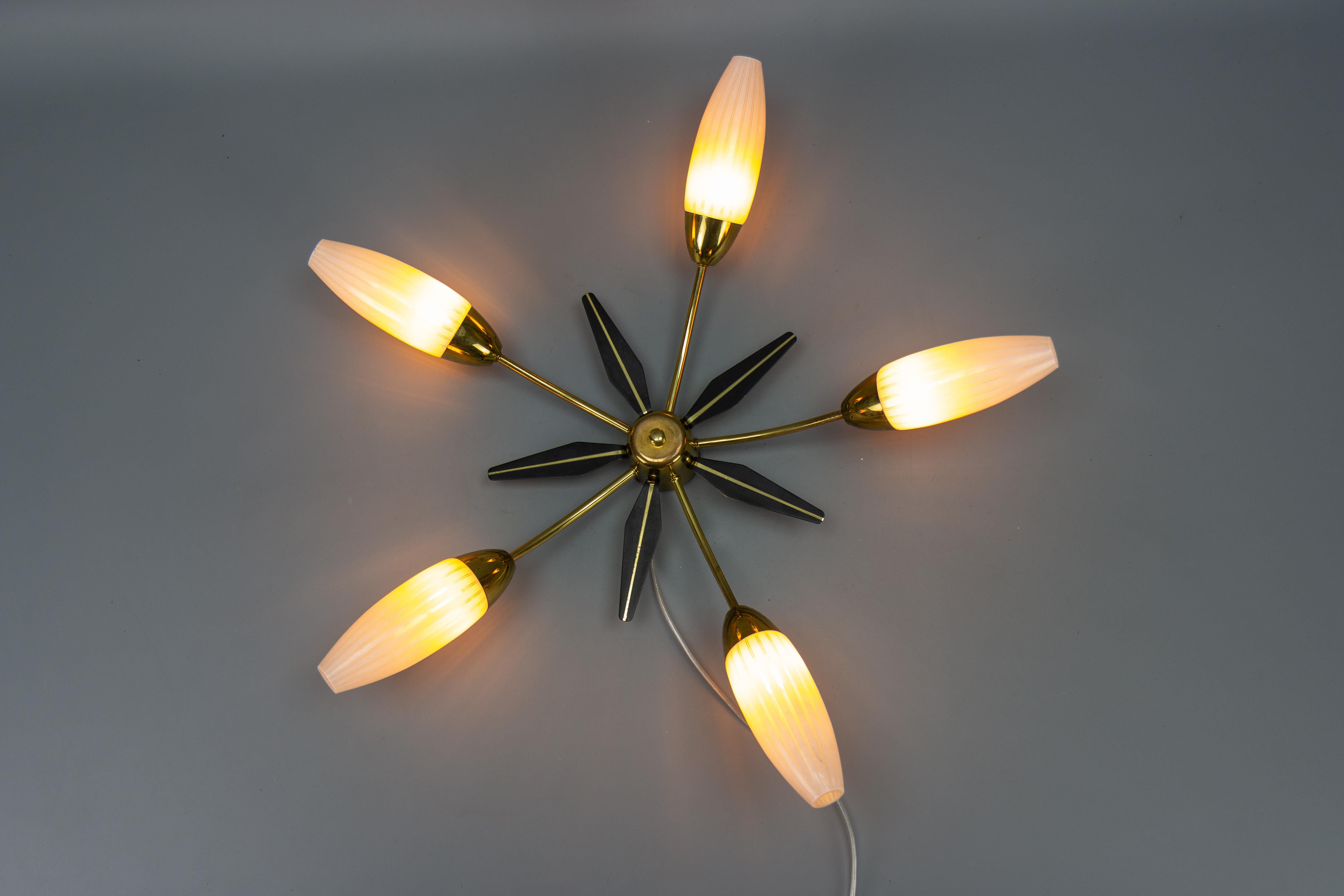 Mid-Century Modern Brass and White Glass Five-Light Sputnik Flush Mount, Italy For Sale 6