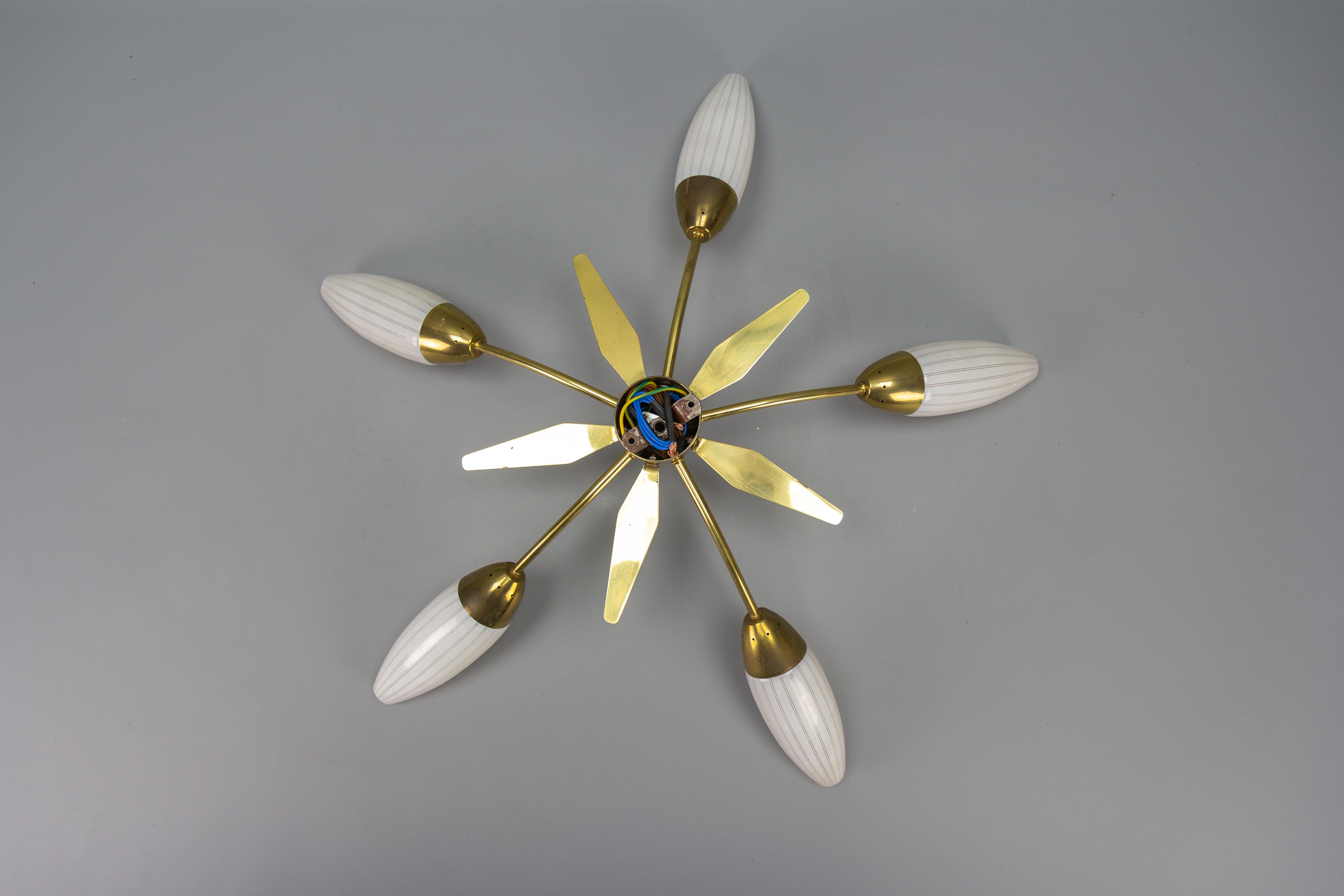 Mid-Century Modern Brass and White Glass Five-Light Sputnik Flush Mount, Italy For Sale 8