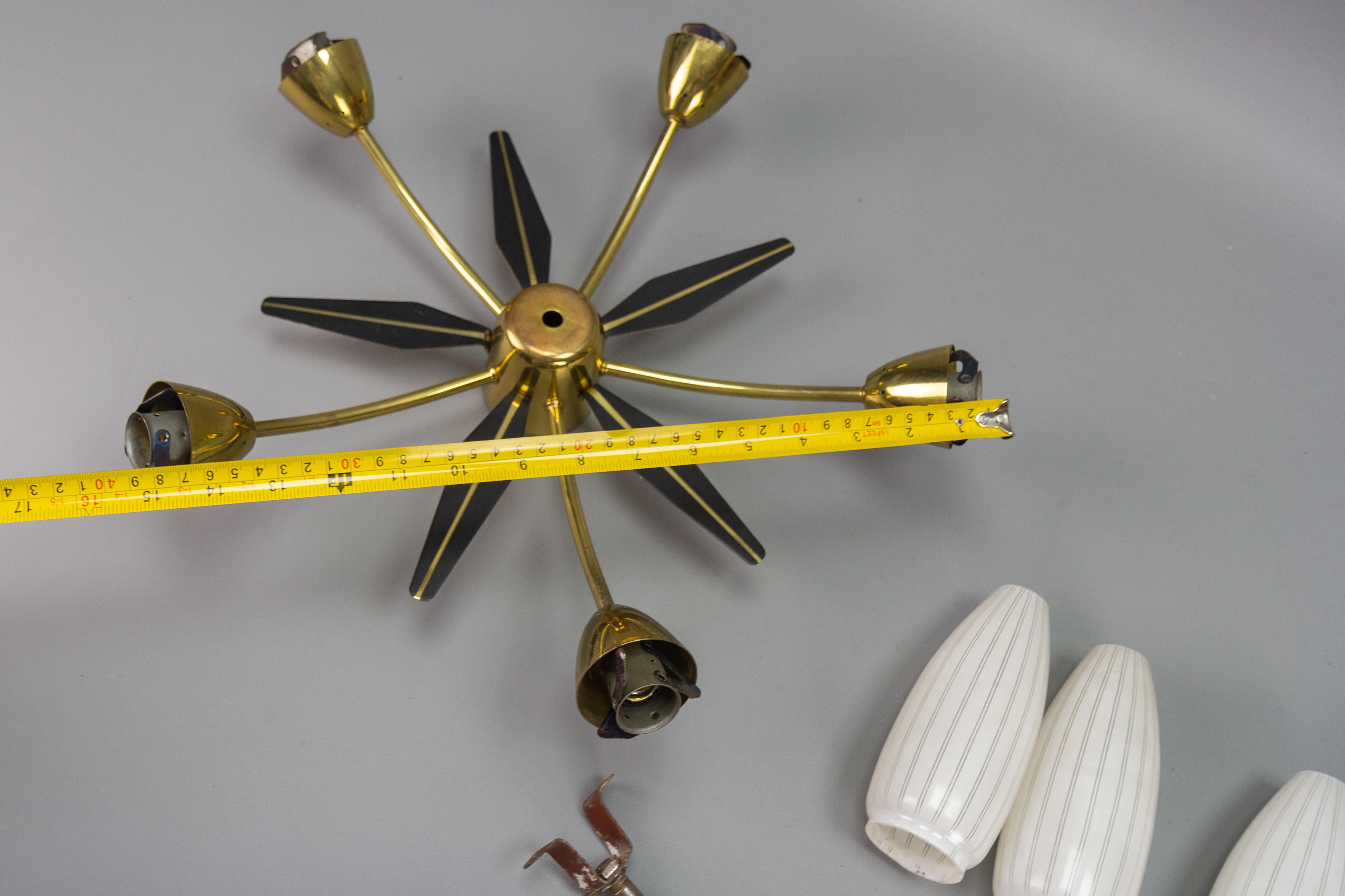 Mid-Century Modern Brass and White Glass Five-Light Sputnik Flush Mount, Italy For Sale 11