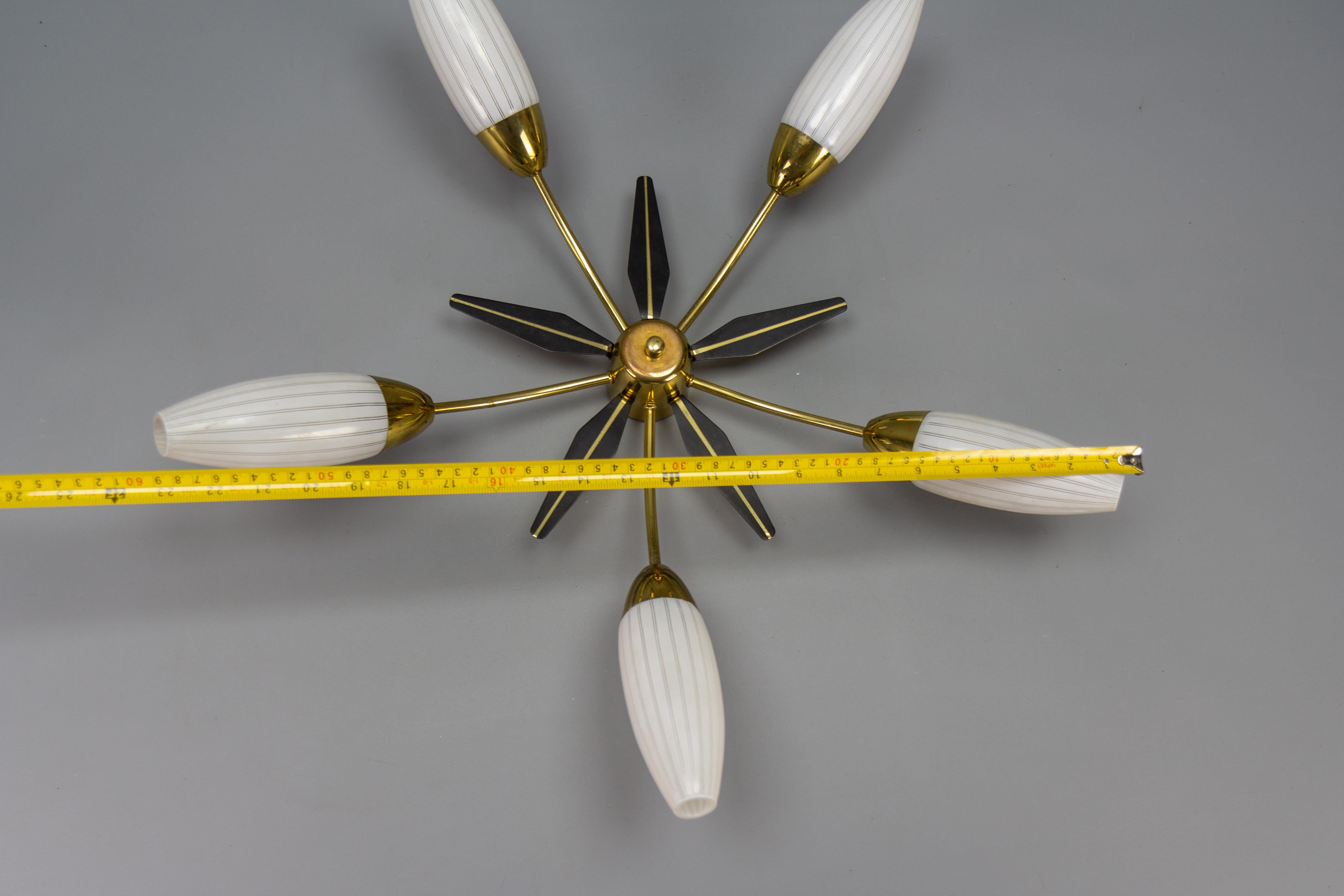 Mid-Century Modern Brass and White Glass Five-Light Sputnik Flush Mount, Italy For Sale 13