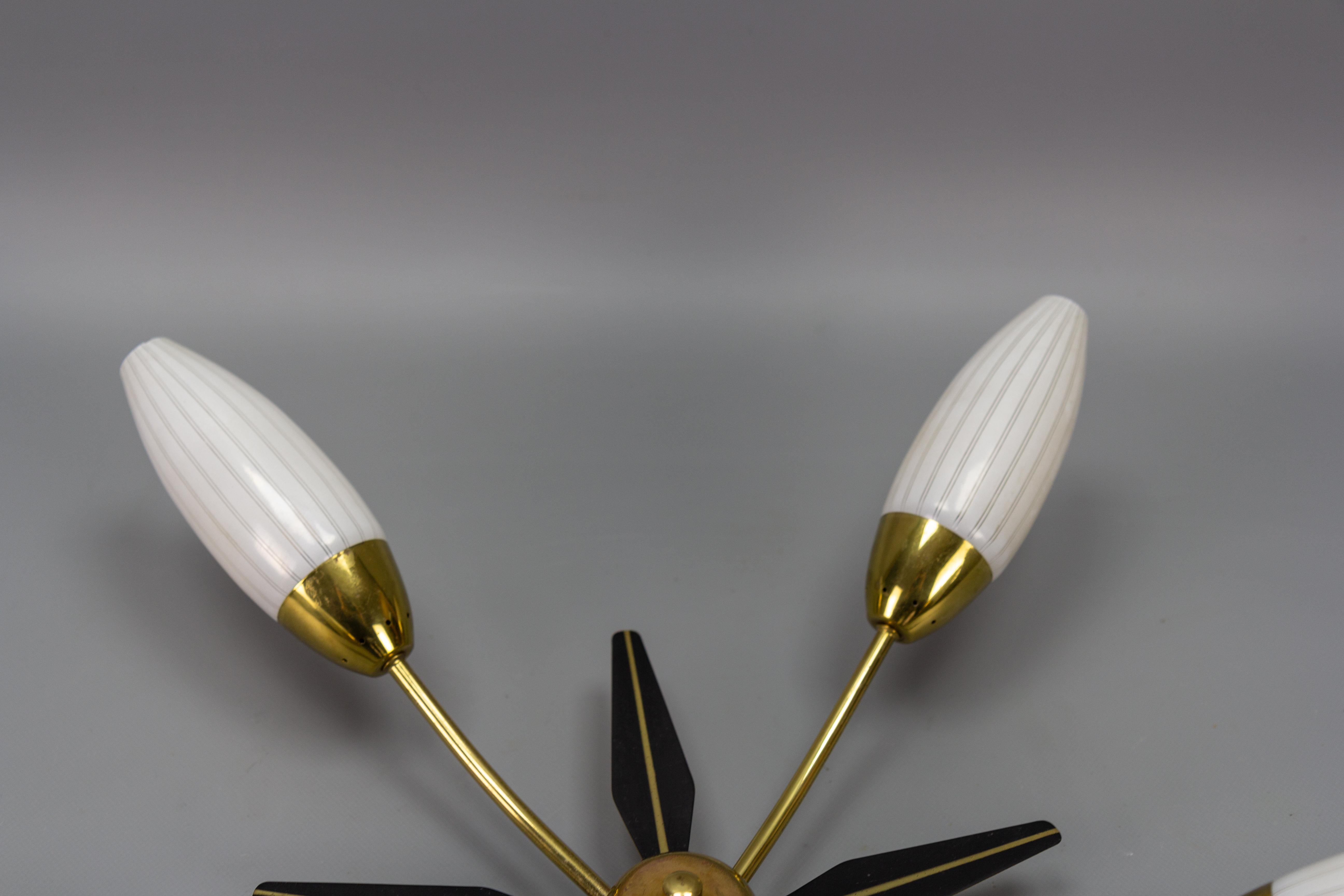 Metal Mid-Century Modern Brass and White Glass Five-Light Sputnik Flush Mount, Italy For Sale