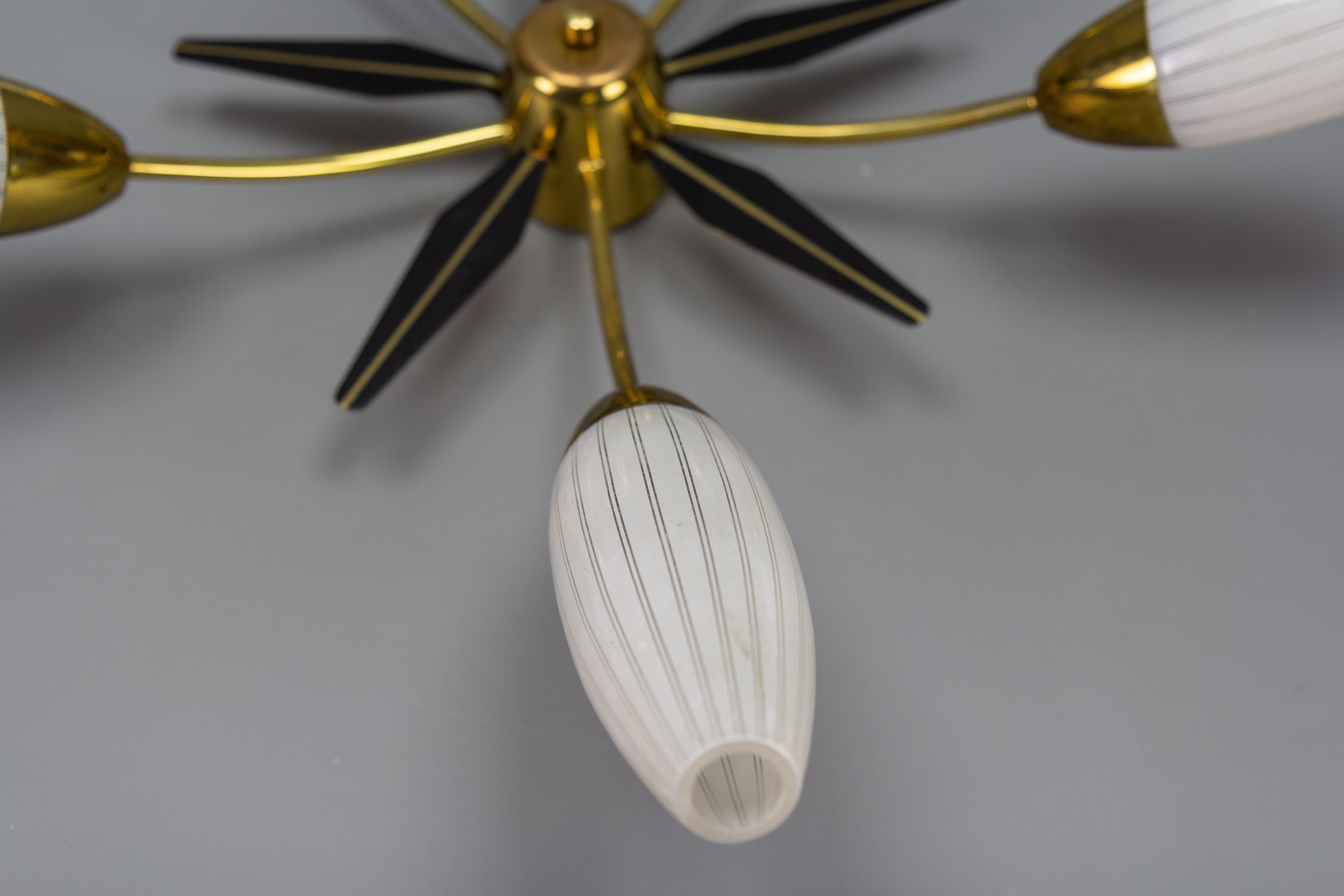 Mid-Century Modern Brass and White Glass Five-Light Sputnik Flush Mount, Italy For Sale 1