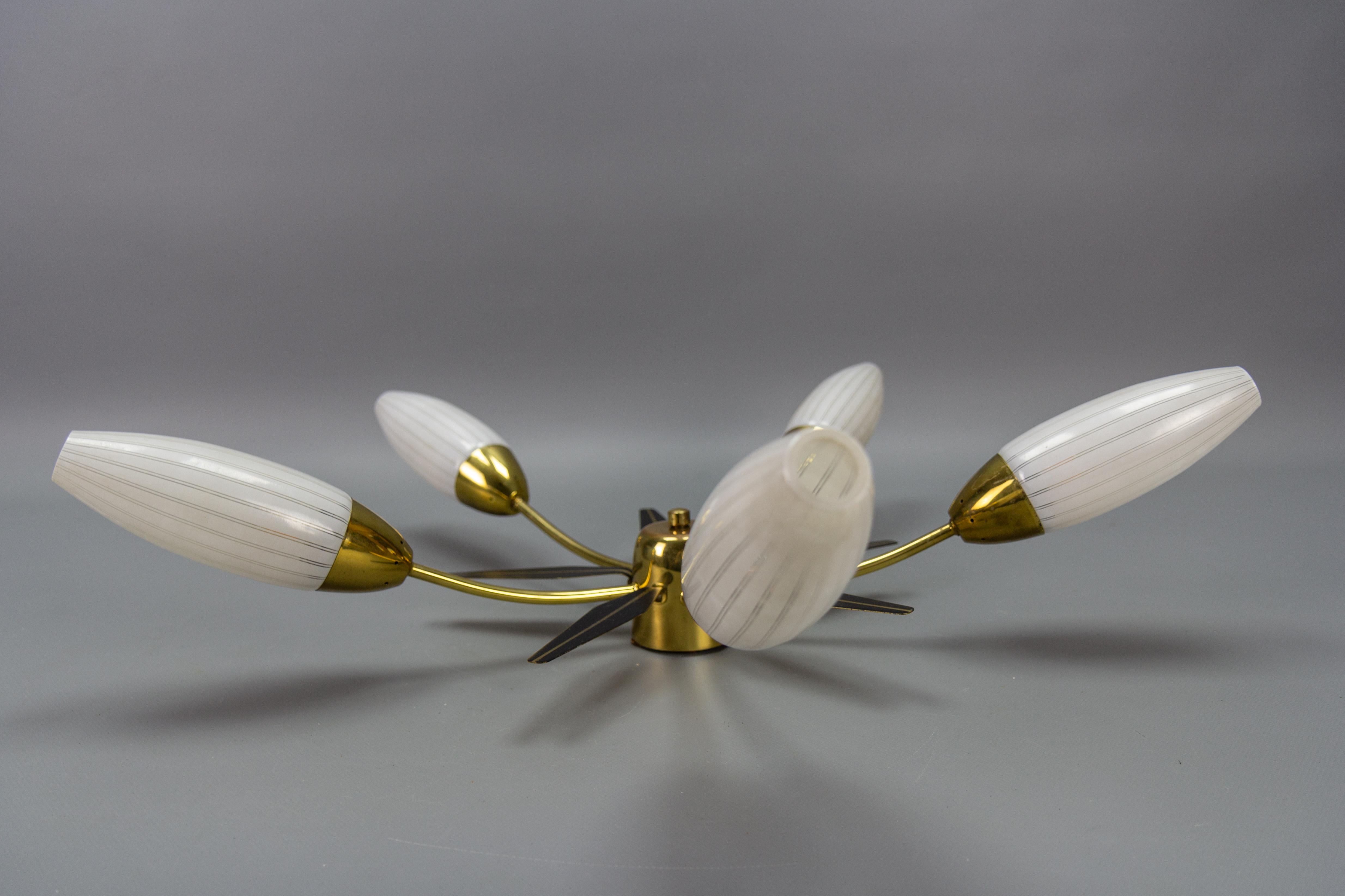 Mid-Century Modern Brass and White Glass Five-Light Sputnik Flush Mount, Italy For Sale 2