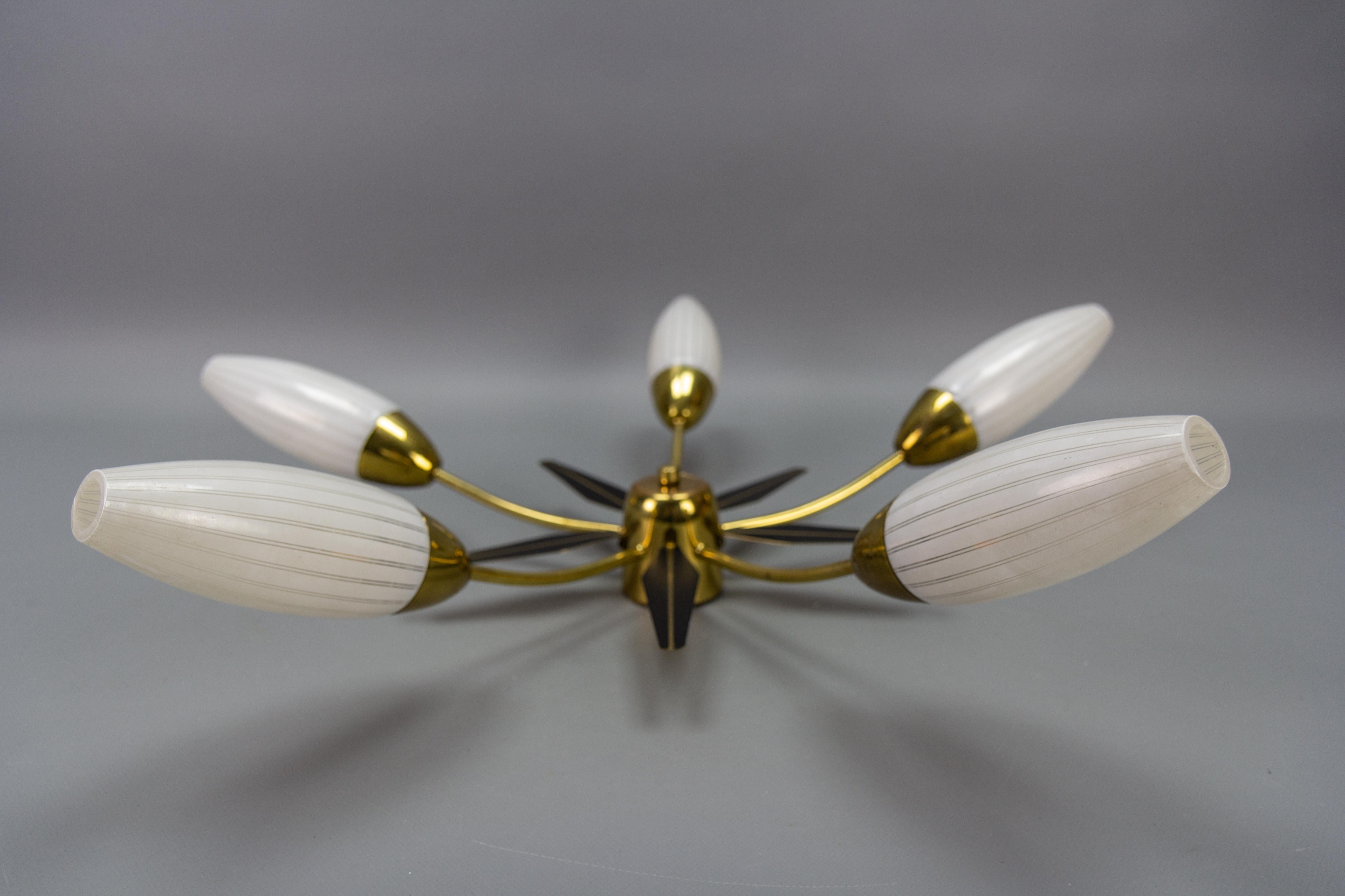 Mid-Century Modern Brass and White Glass Five-Light Sputnik Flush Mount, Italy For Sale 3