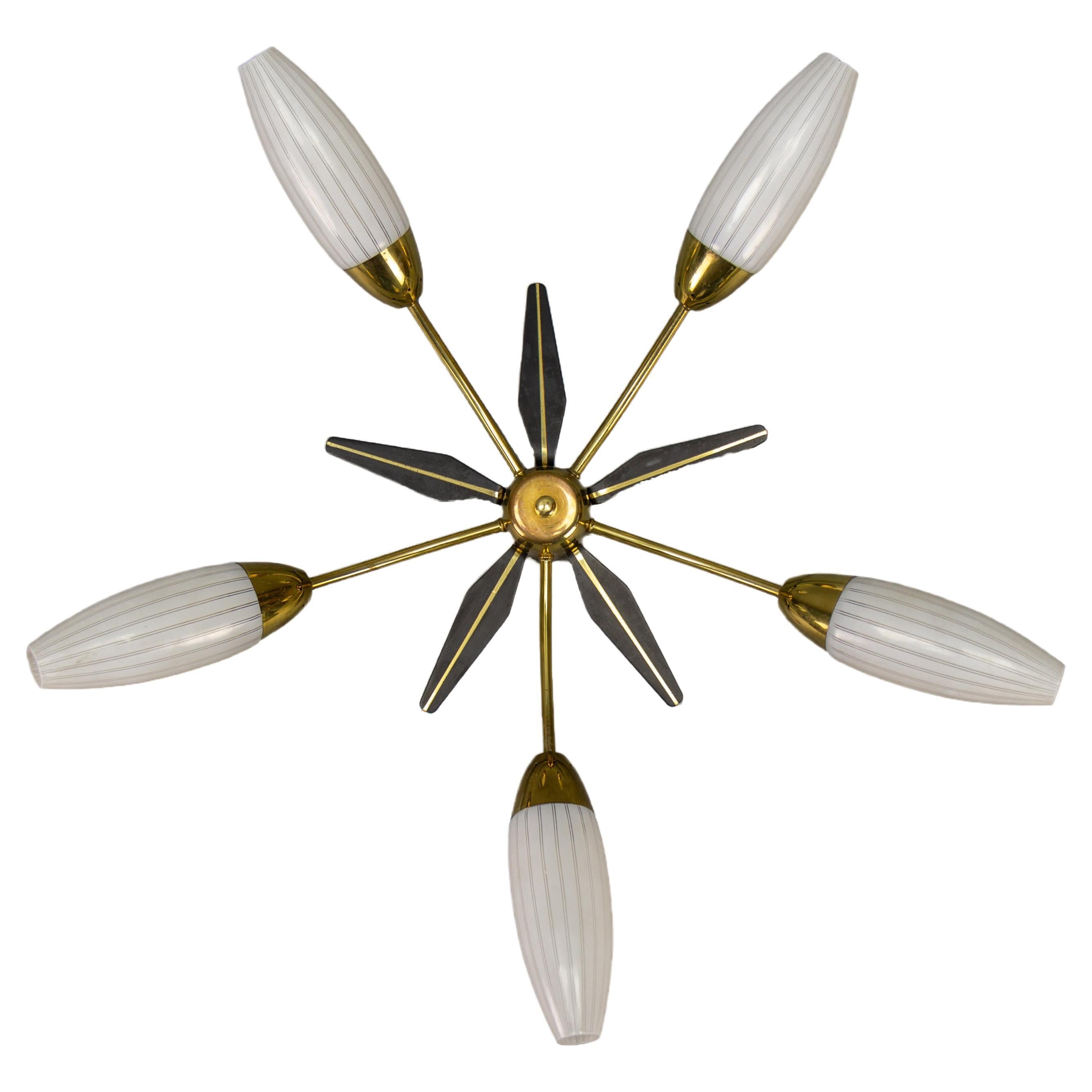 Mid-Century Modern Brass and White Glass Five-Light Sputnik Flush Mount, Italy