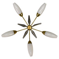 Retro Mid-Century Modern Brass and White Glass Five-Light Sputnik Flush Mount, Italy