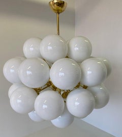 Mid-Century Modern Brass and White Murano Glass Spheres Chandelier