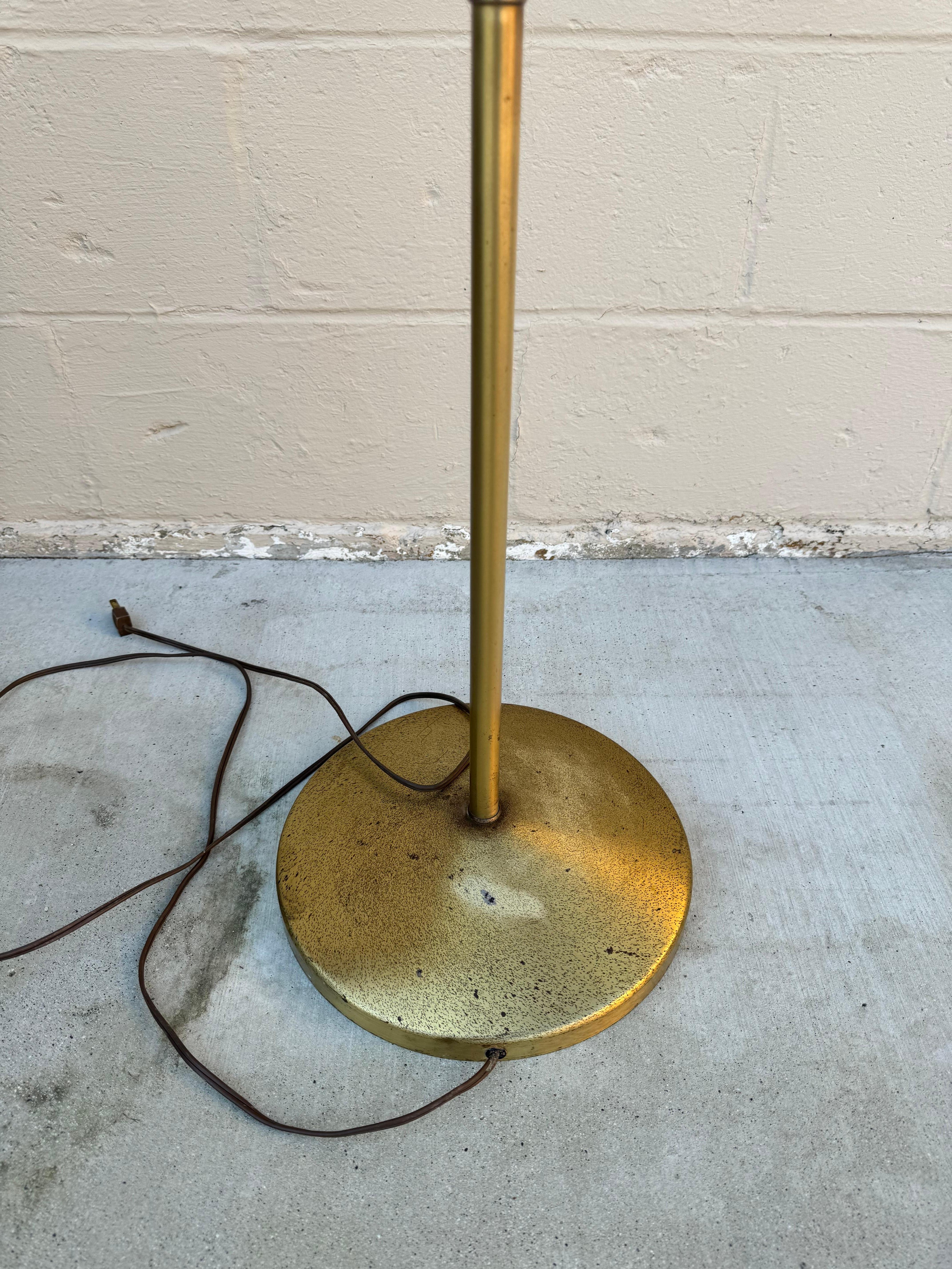 American Mid Century Modern Brass and Wood Floor Lamp With Double Fiberglass Drum Shade  For Sale