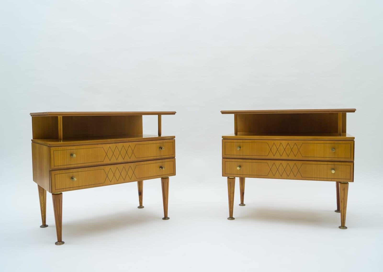 Italian Mid-Century Modern Brass and Wood Nightstands, 1950s, Set of 2 For Sale