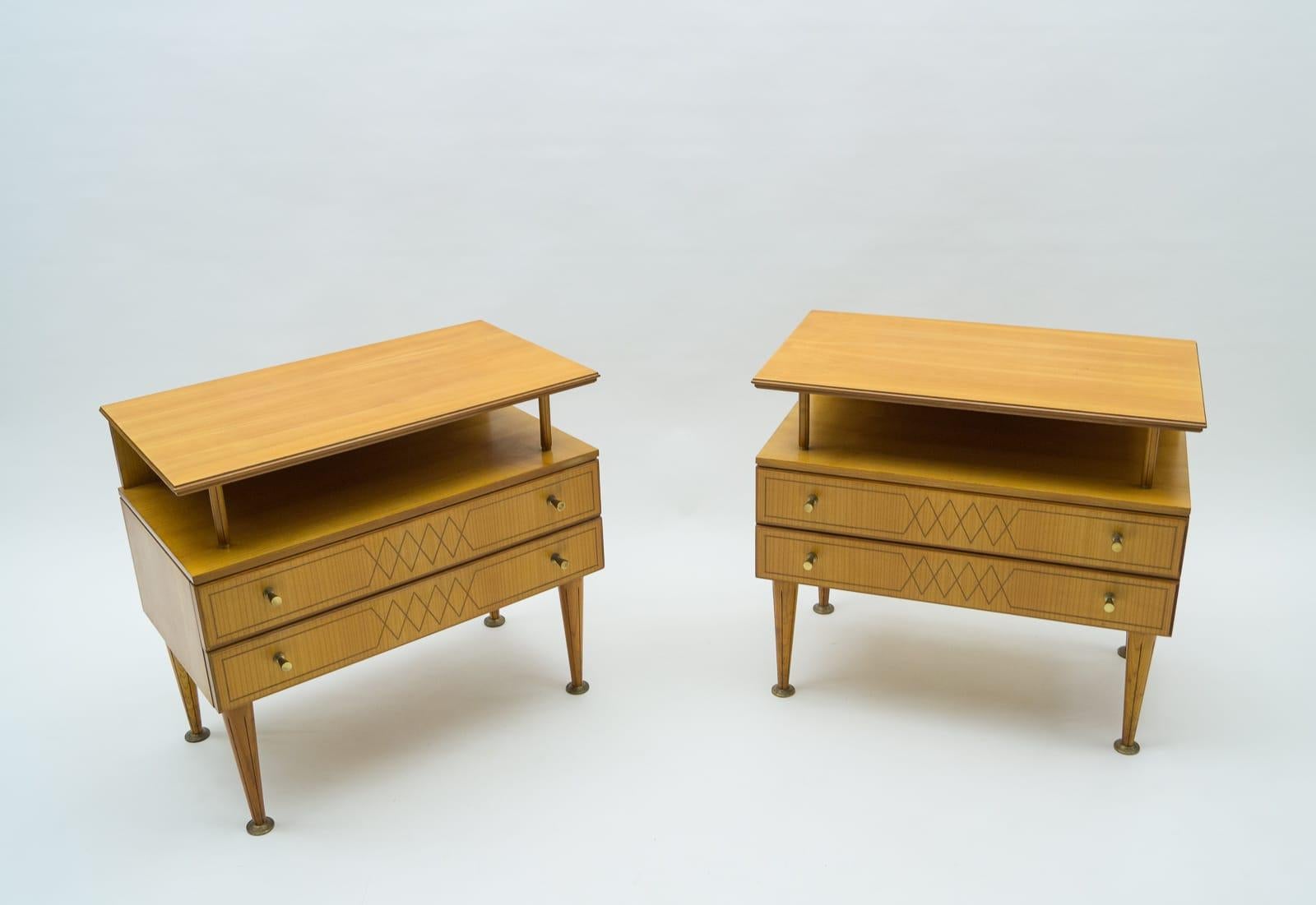Mid-20th Century Mid-Century Modern Brass and Wood Nightstands, 1950s, Set of 2 For Sale