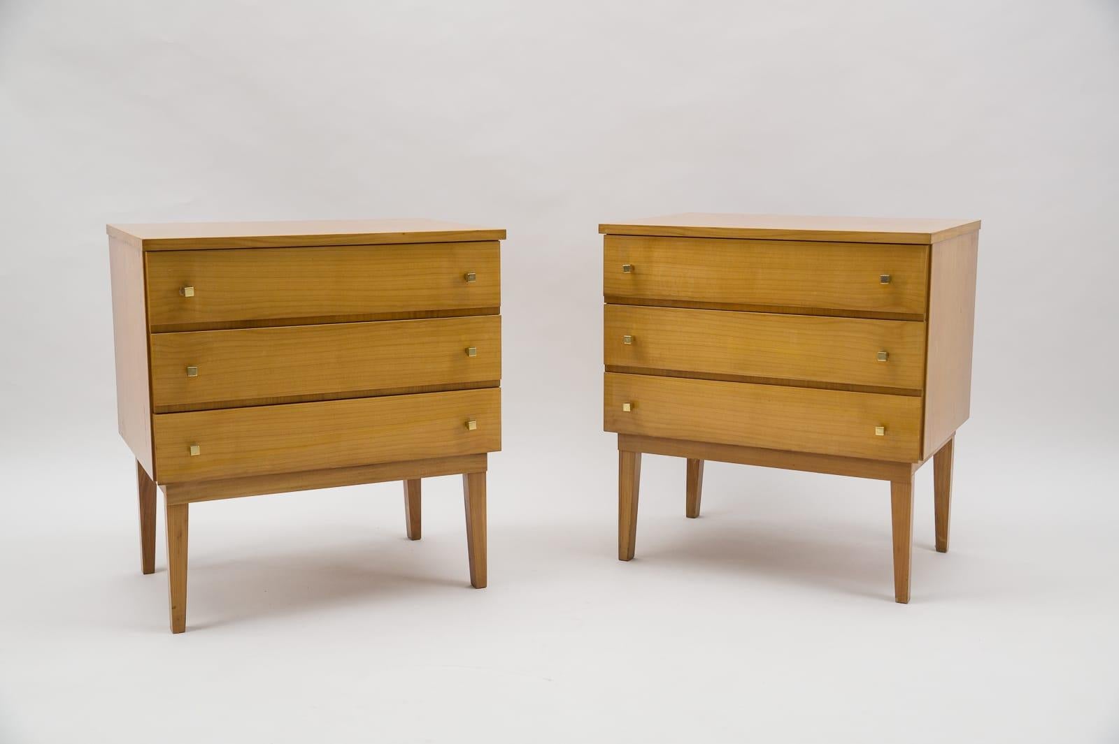 Mid-20th Century  Mid-Century Modern Brass and Wood Nightstands, 1950s, Set of 2 For Sale
