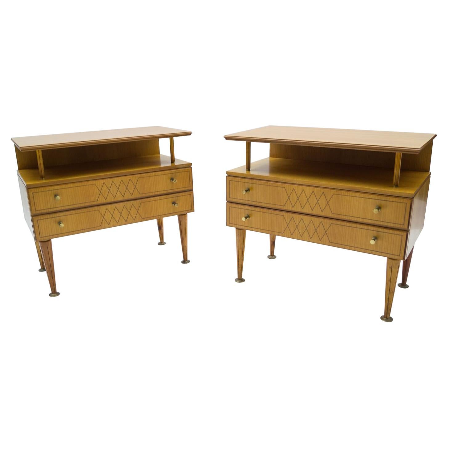 Mid-Century Modern Brass and Wood Nightstands, 1950s, Set of 2 For Sale