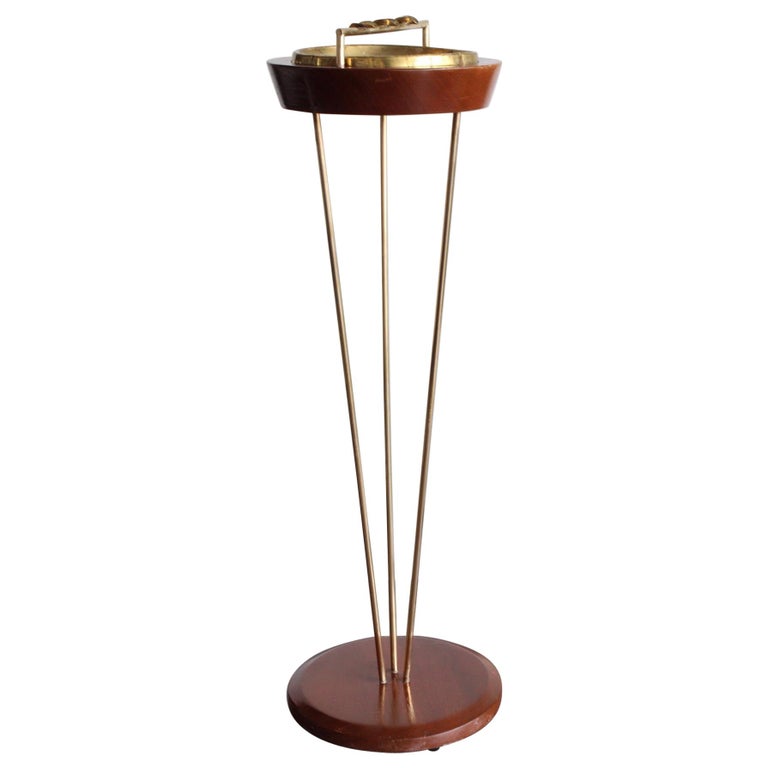 MidCentury Modern Brass and Wood Tripod Ashtray Stand For Sale at 1stdibs