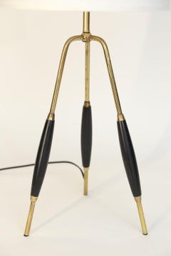Mid-Century Modern Brass and Wood Tripod Table Lamp