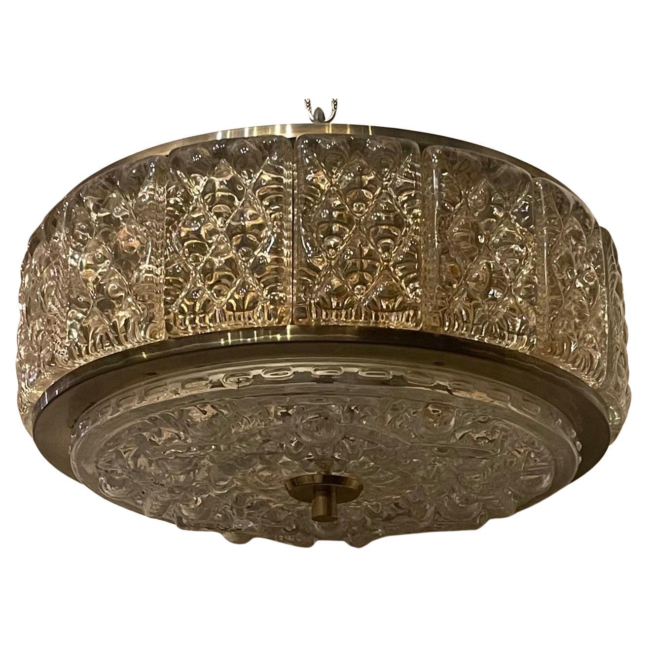 Mid Century Modern Brass Art Glass Carl Fagerlund Orrefors Flush Mount Fixture