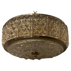 Mid Century Modern Brass Art Glass Carl Fagerlund Orrefors Flush Mount Fixture