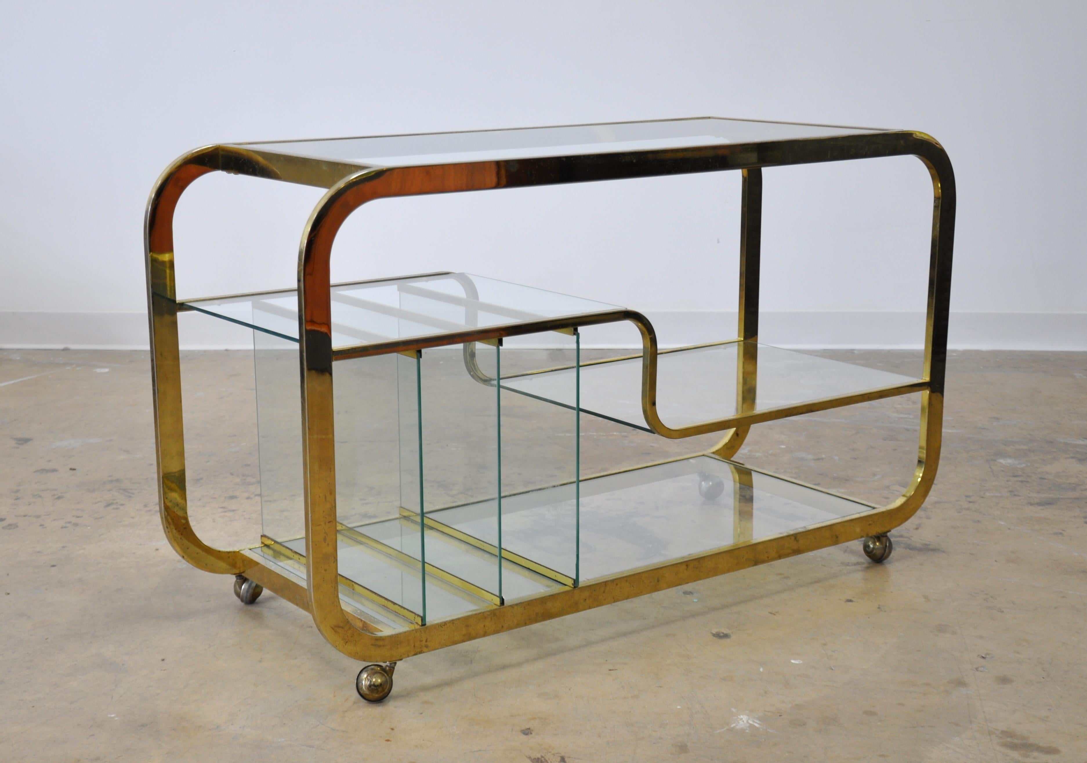 Mid-Century Modern Brass Bar Cart Milo Baughman Style In Good Condition In Miami, FL