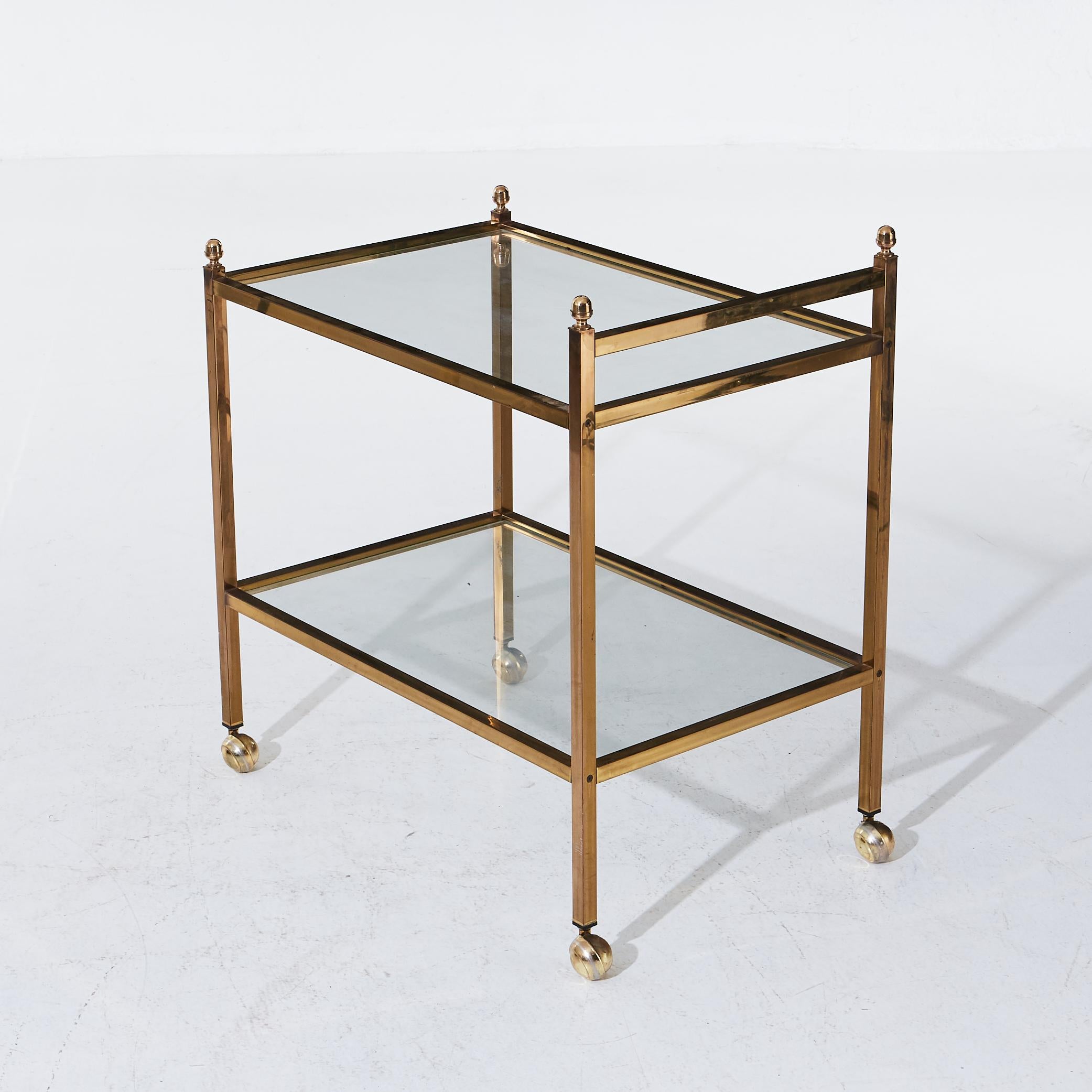 European Mid Century Modern Brass Bar Cart with Glass Shelves