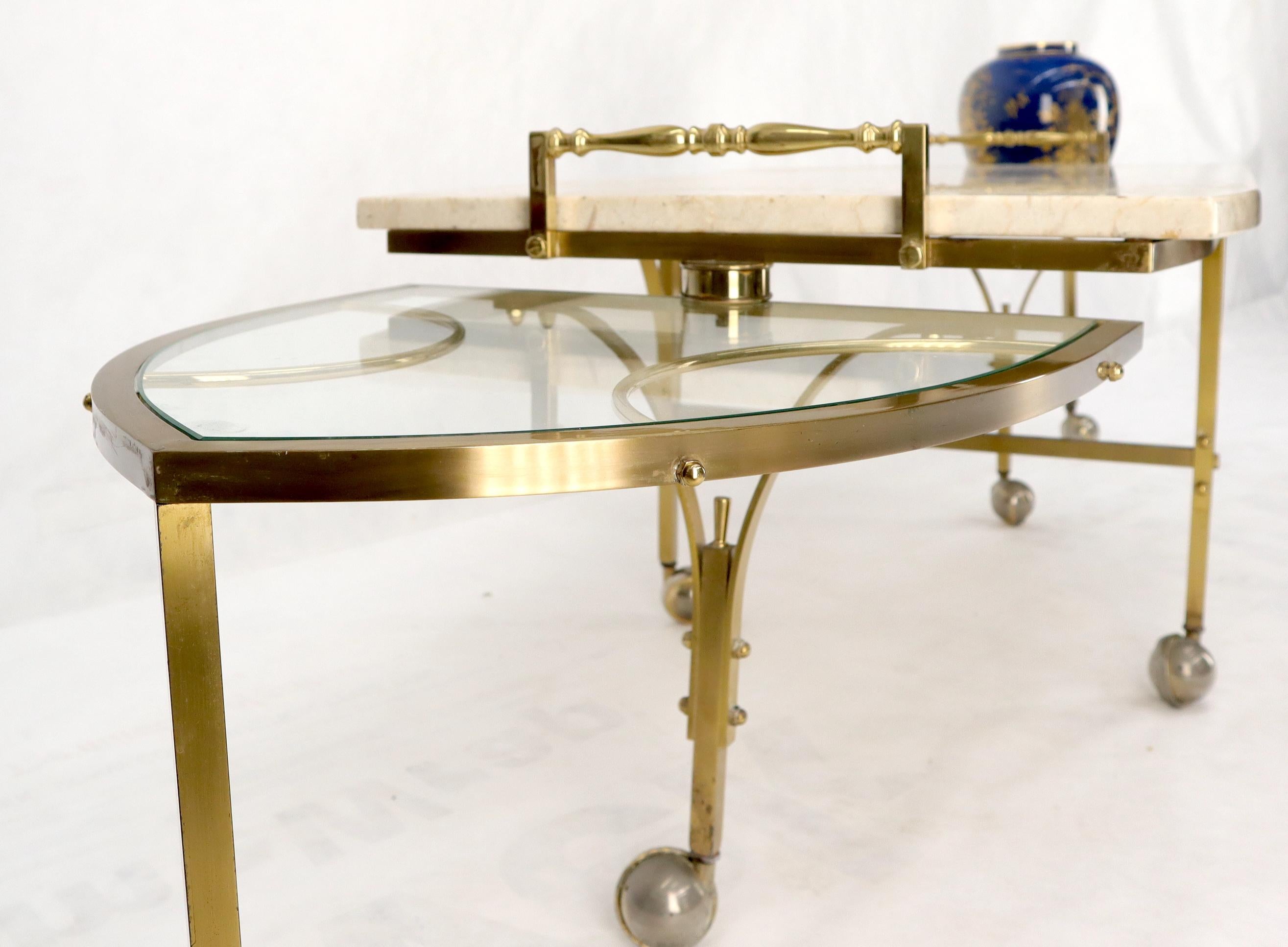 Mid-Century Modern Brass Base on Wheels Travertine Top Expandable Coffee Table For Sale 5