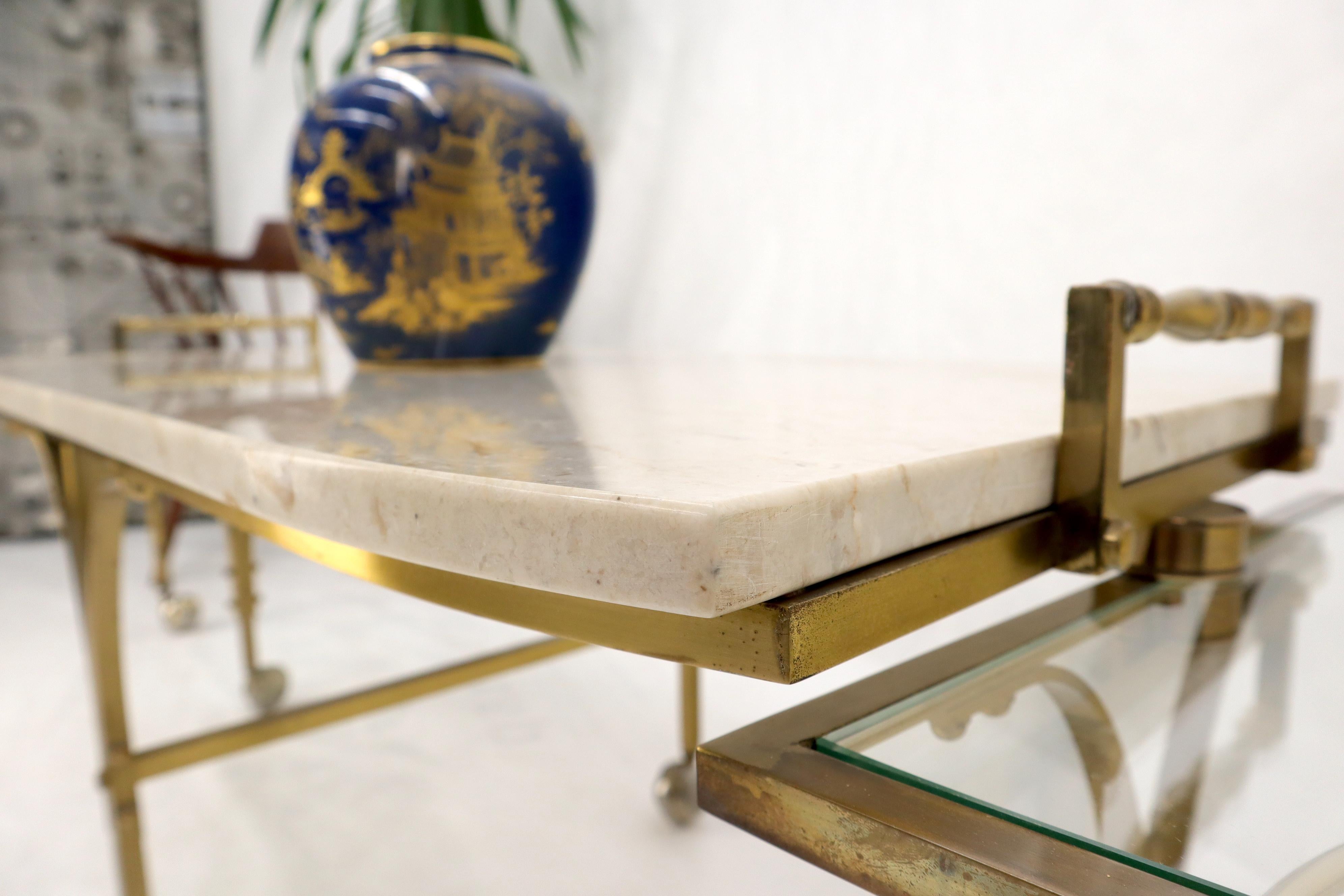 Mid-Century Modern Brass Base on Wheels Travertine Top Expandable Coffee Table For Sale 8