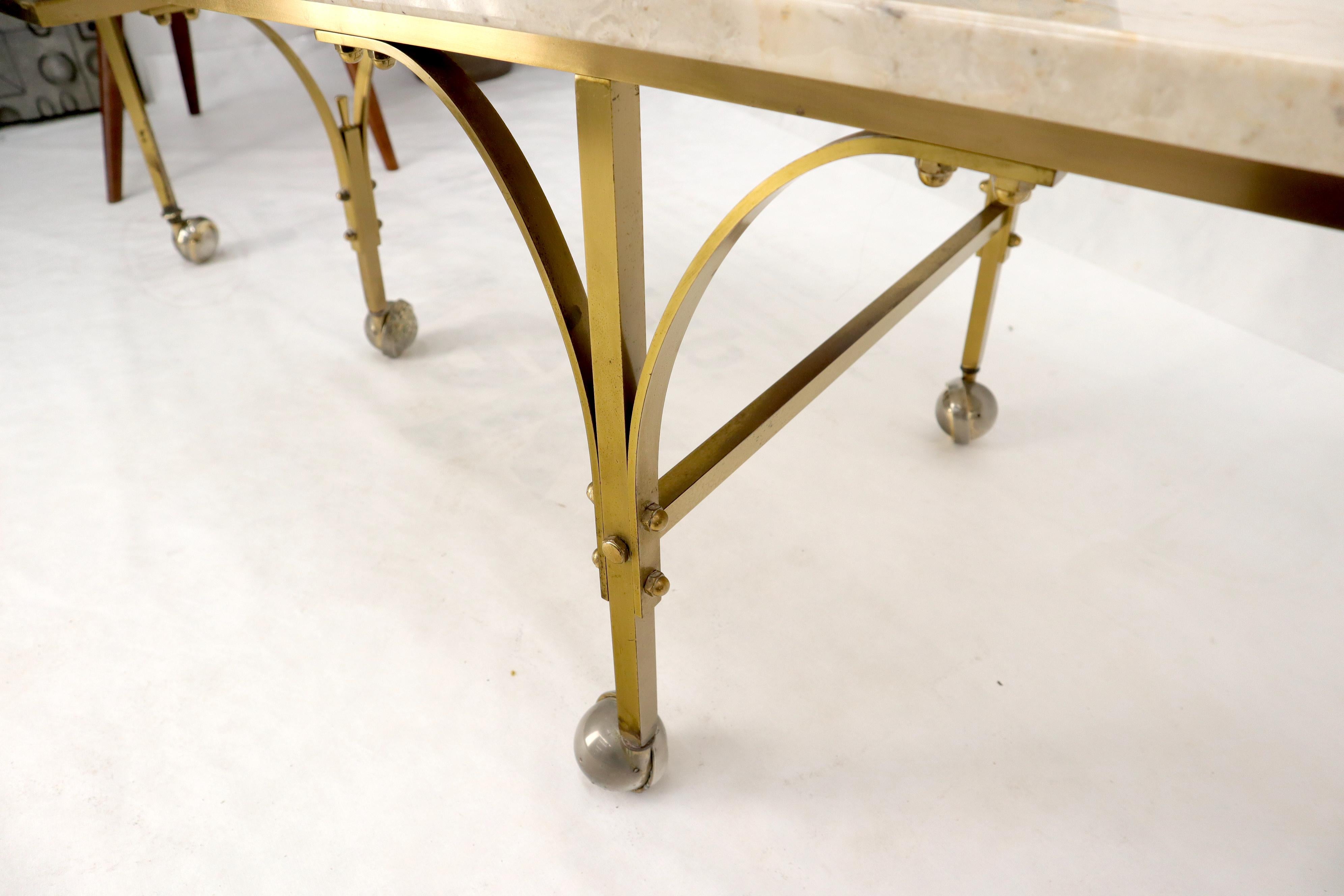 Mid-Century Modern Brass Base on Wheels Travertine Top Expandable Coffee Table For Sale 10