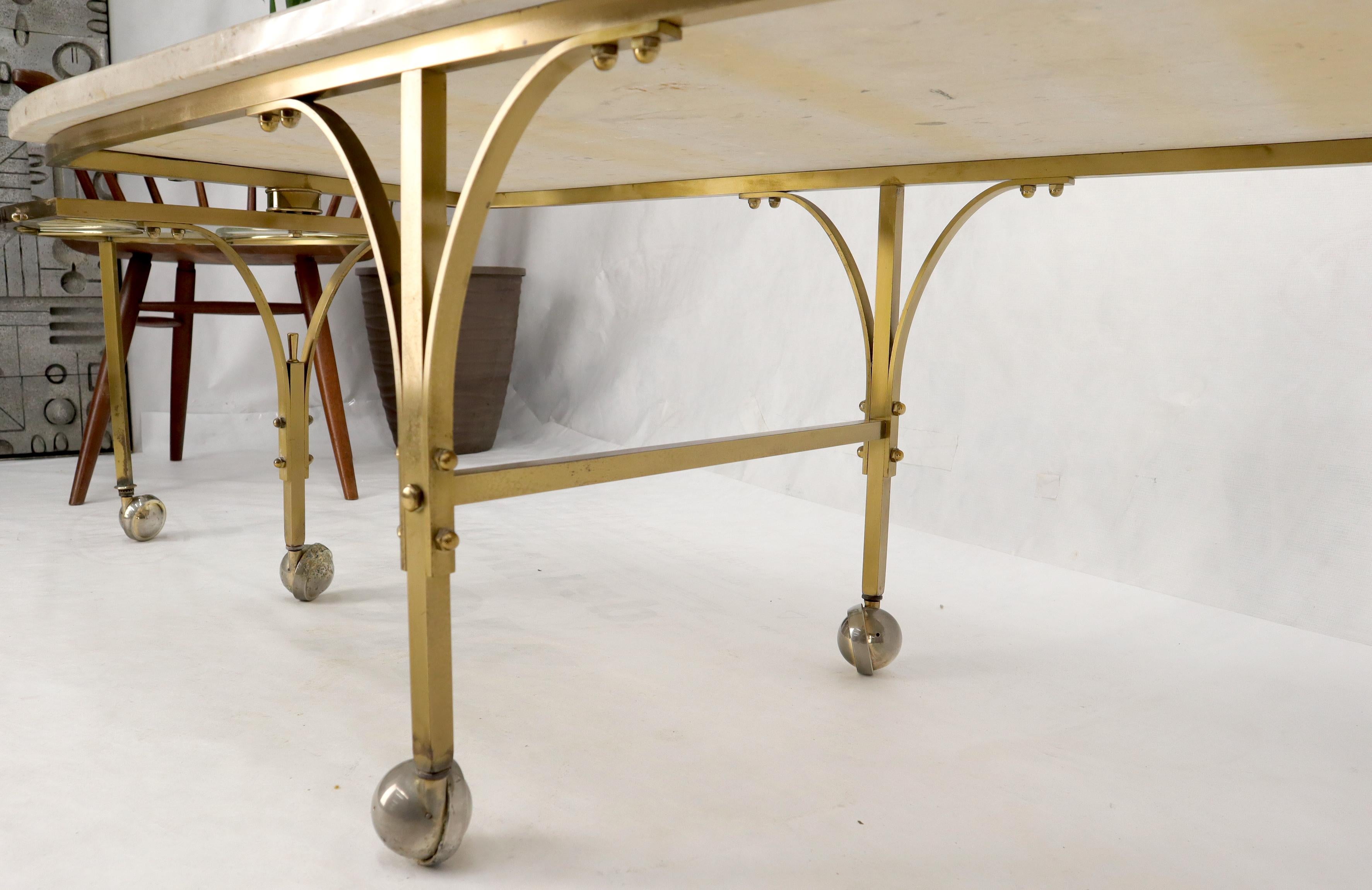 Mid-Century Modern Brass Base on Wheels Travertine Top Expandable Coffee Table For Sale 12