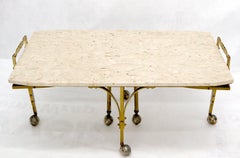 Mid-Century Modern Brass Base on Wheels Travertine Top Expandable Coffee Table