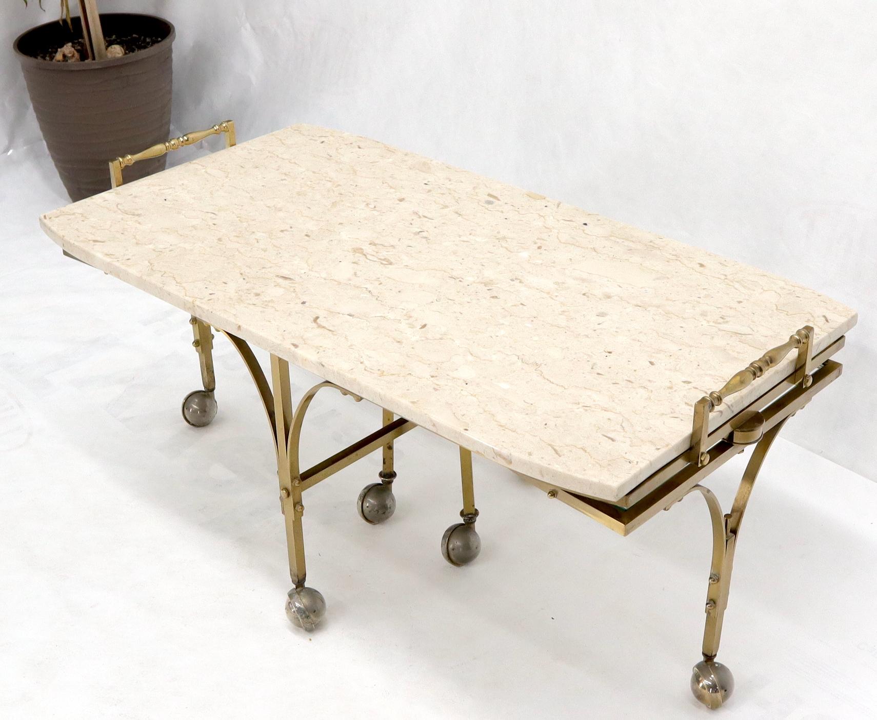 Italian Mid-Century Modern Brass Base on Wheels Travertine Top Expandable Coffee Table For Sale