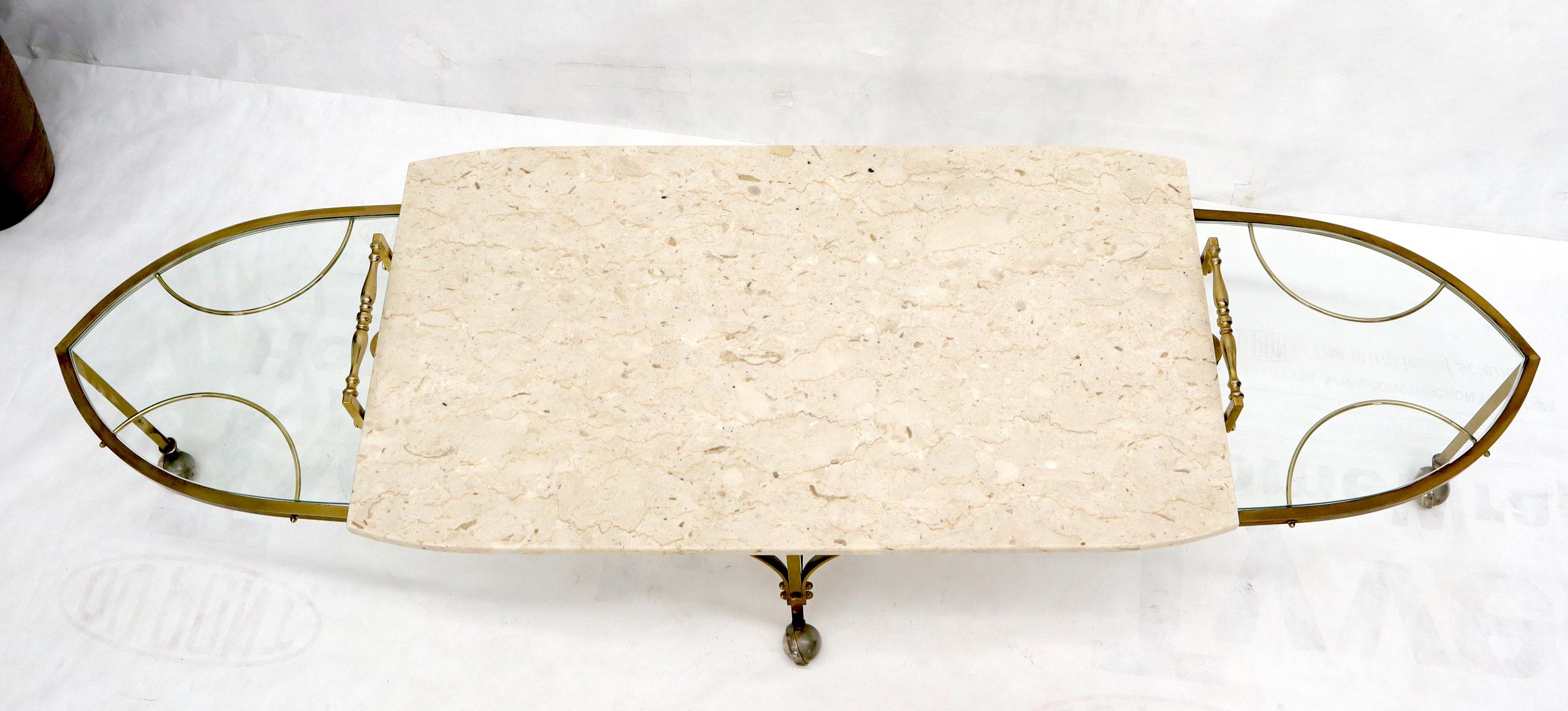 20th Century Mid-Century Modern Brass Base on Wheels Travertine Top Expandable Coffee Table For Sale