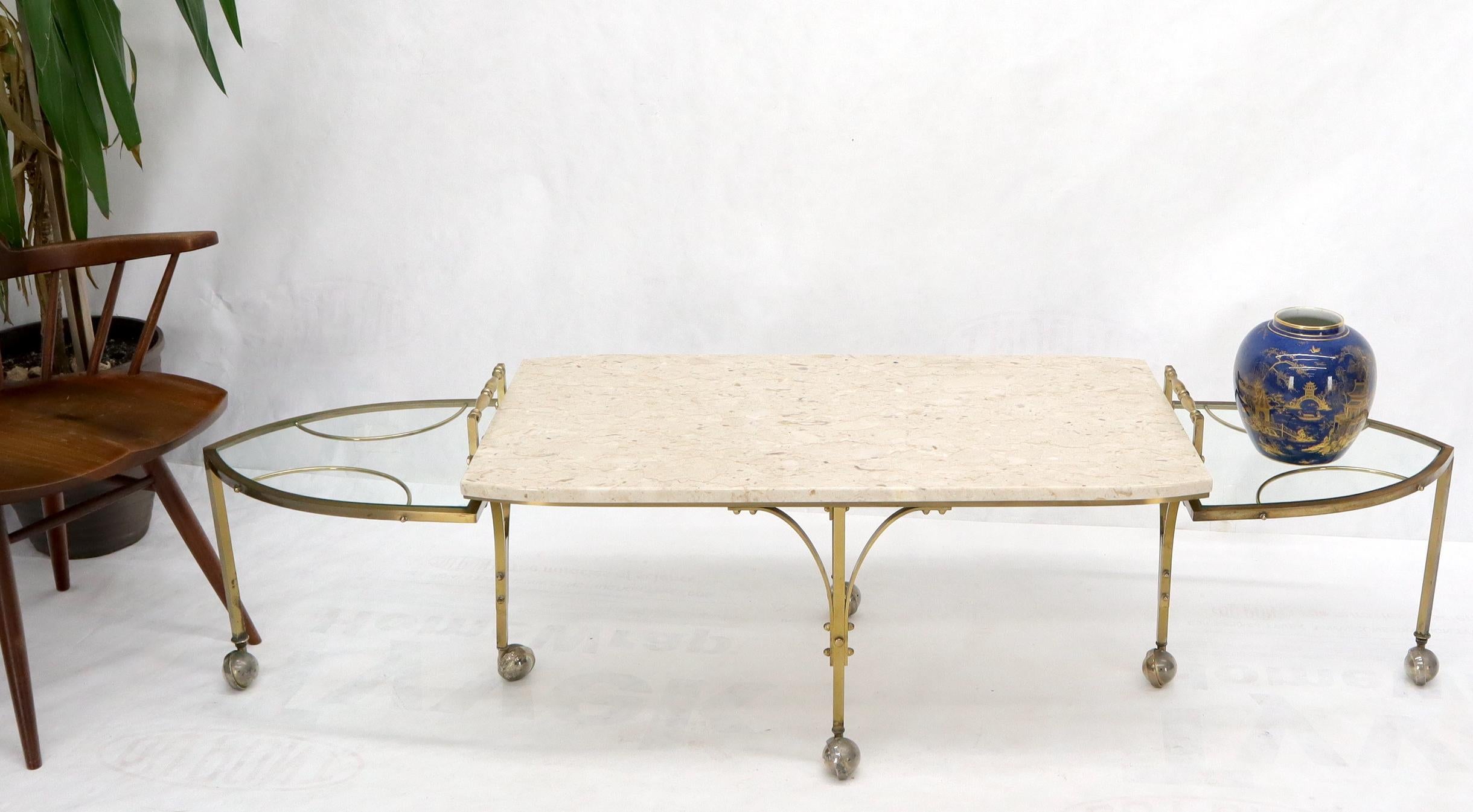 Mid-Century Modern Brass Base on Wheels Travertine Top Expandable Coffee Table For Sale 2