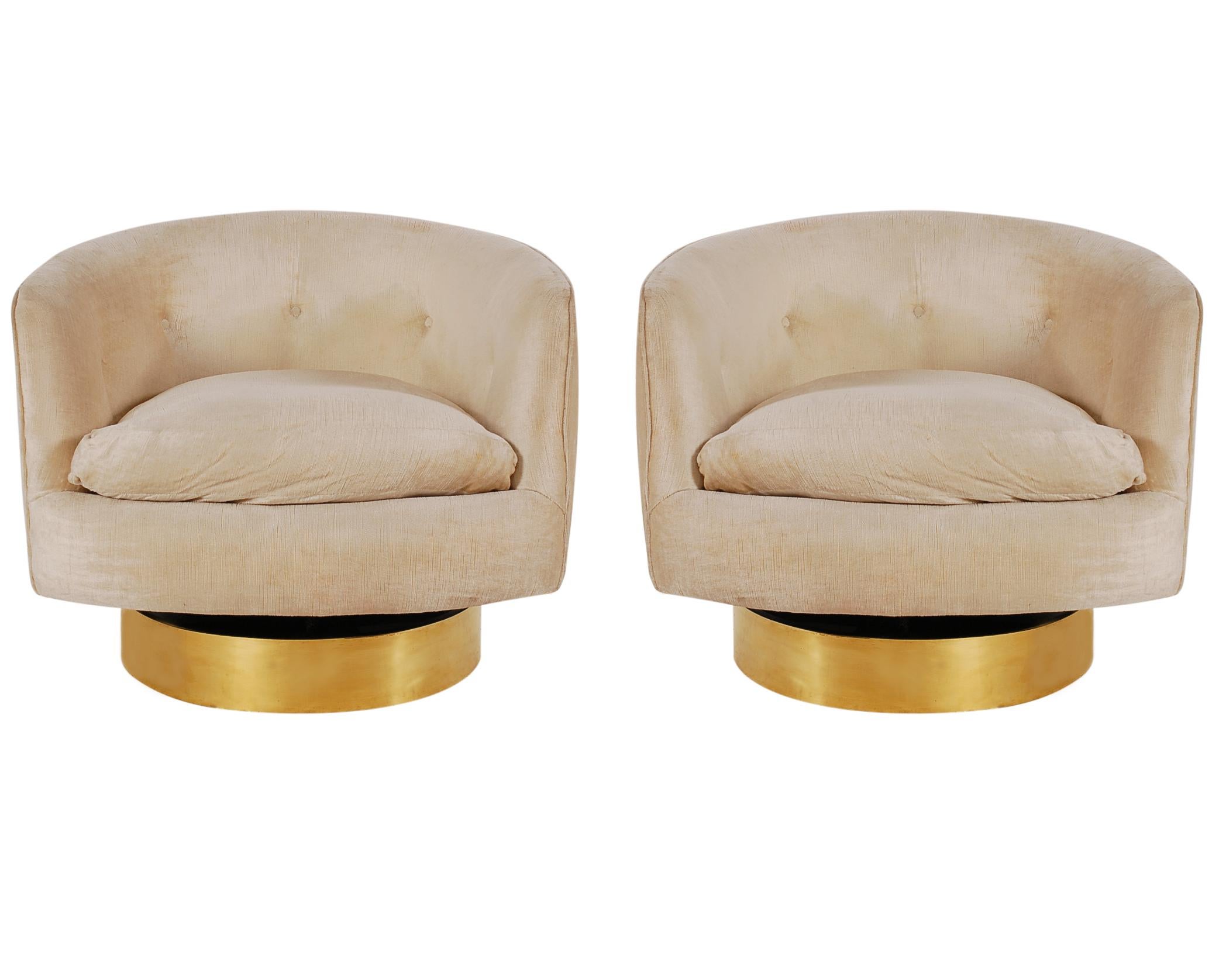 American Mid-Century Modern Brass Base Swivel Barrel Back Lounge Chairs by Milo Baughman 