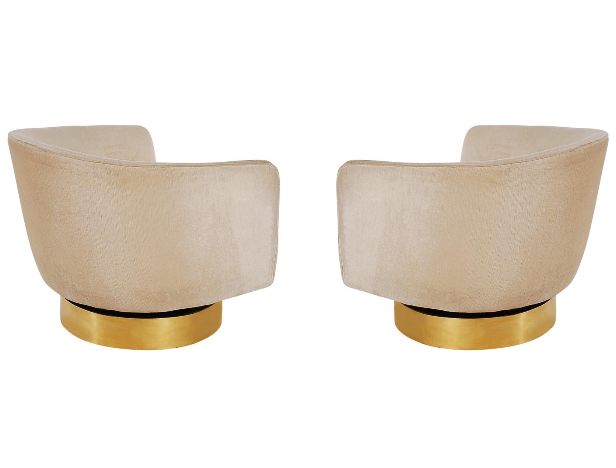 Mid-20th Century Mid-Century Modern Brass Base Swivel Barrel Back Lounge Chairs by Milo Baughman 