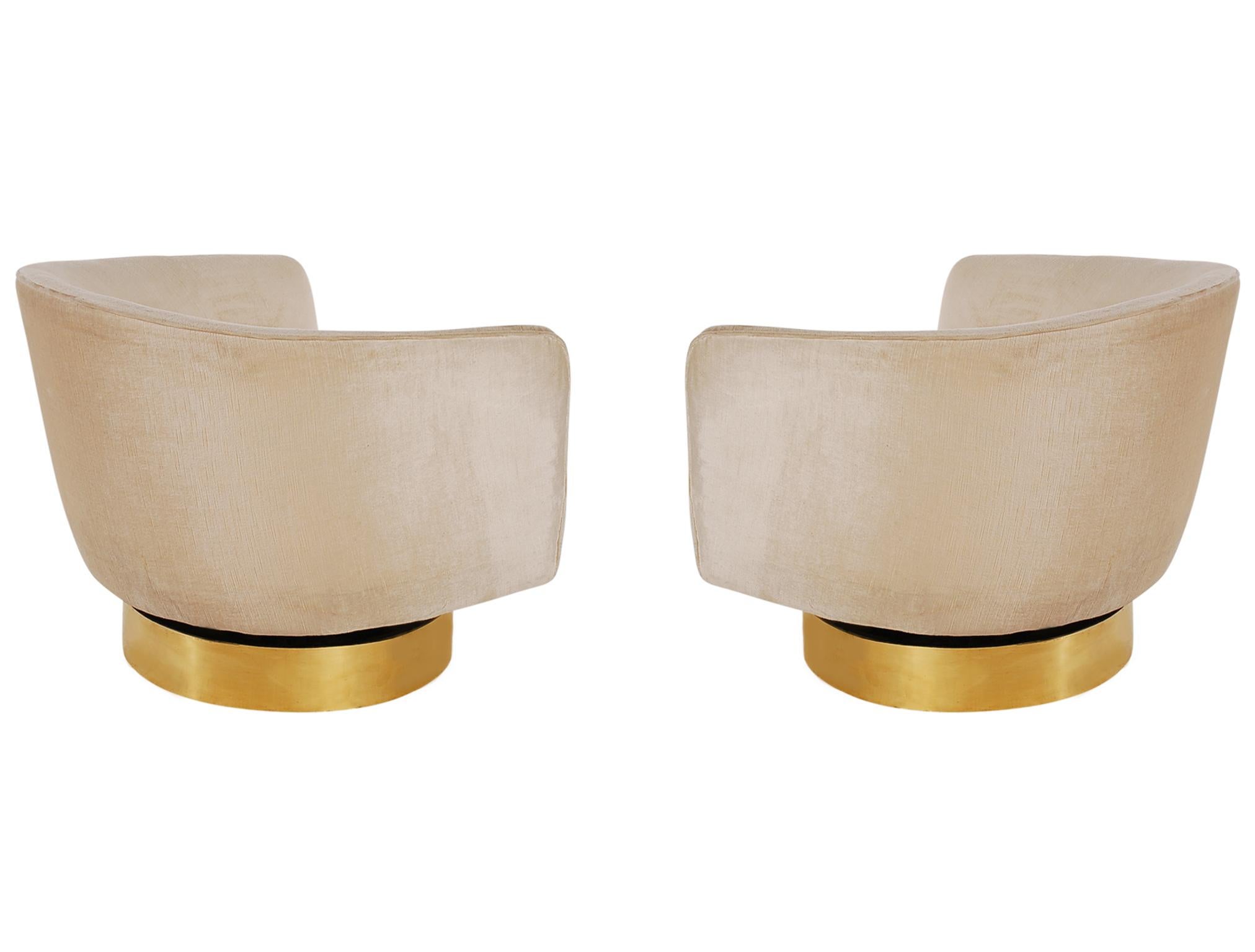 Mid-20th Century Mid-Century Modern Brass Base Swivel Barrel Back Lounge Chairs by Milo Baughman