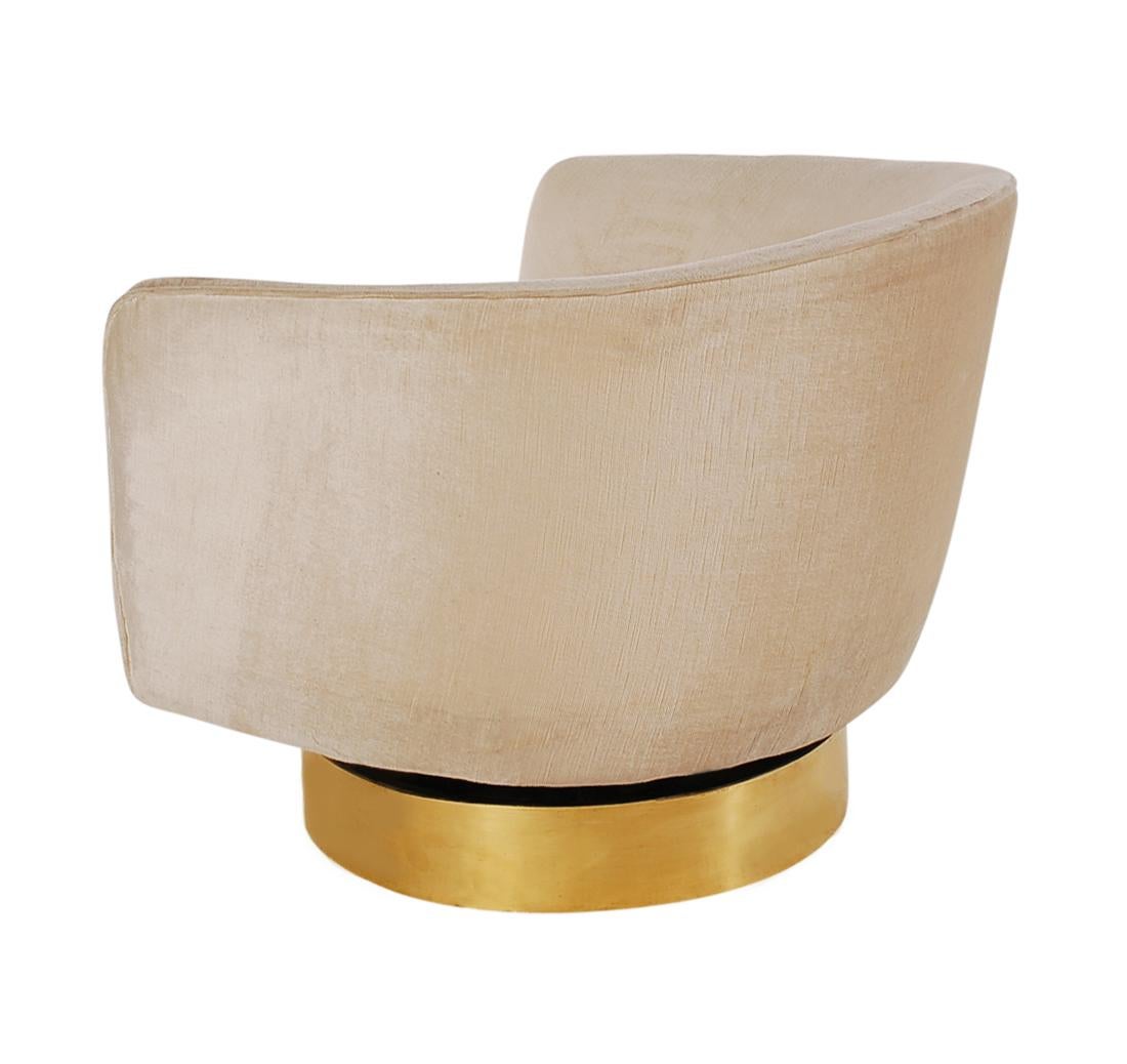Mid-Century Modern Brass Base Swivel Barrel Back Lounge Chairs by Milo Baughman  1
