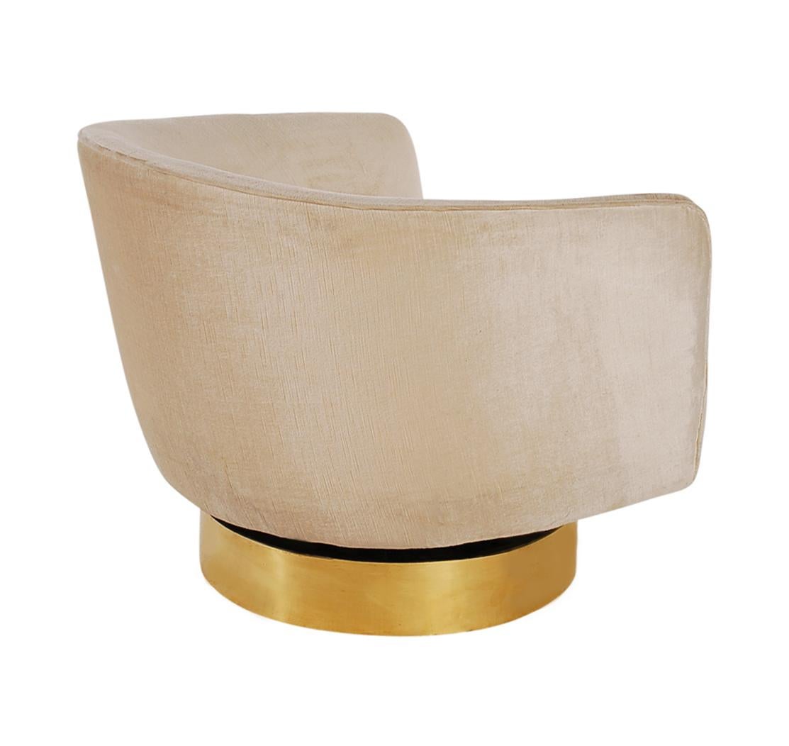 Mid-Century Modern Brass Base Swivel Barrel Back Lounge Chairs by Milo Baughman  2