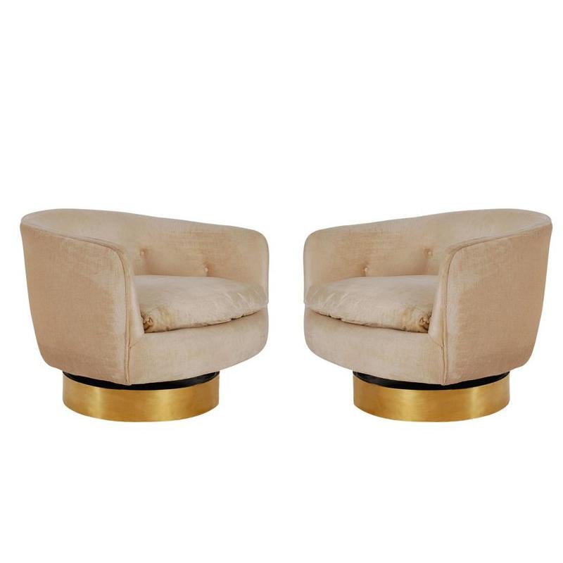 Mid-Century Modern Brass Base Swivel Barrel Back Lounge Chairs by Milo Baughman 