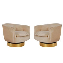 Mid-Century Modern Brass Base Swivel Barrel Back Lounge Chairs by Milo Baughman