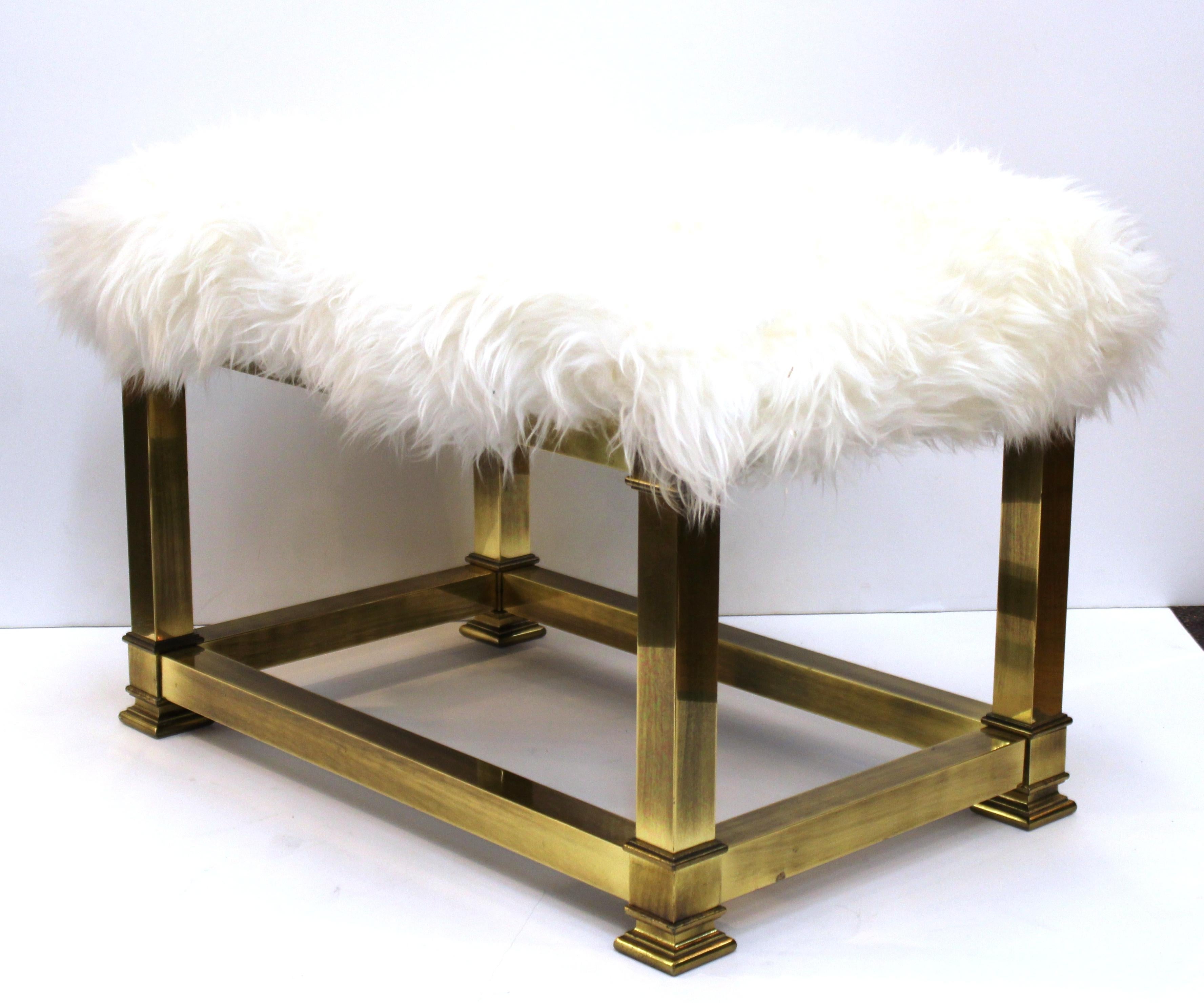 American Mid-Century Modern Brass Bench with Sheepskin Upholstery