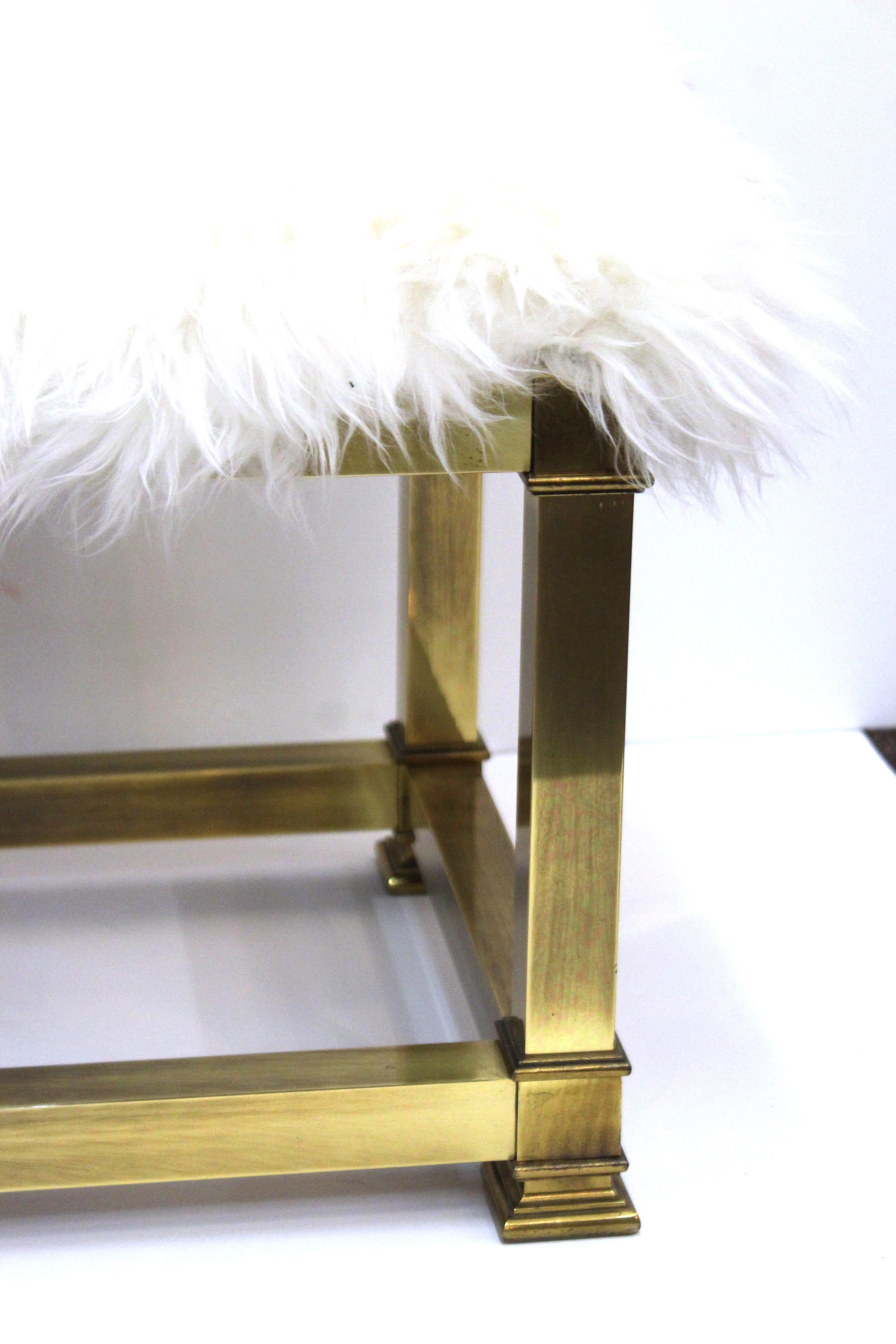 Mid-Century Modern Brass Bench with Sheepskin Upholstery 1