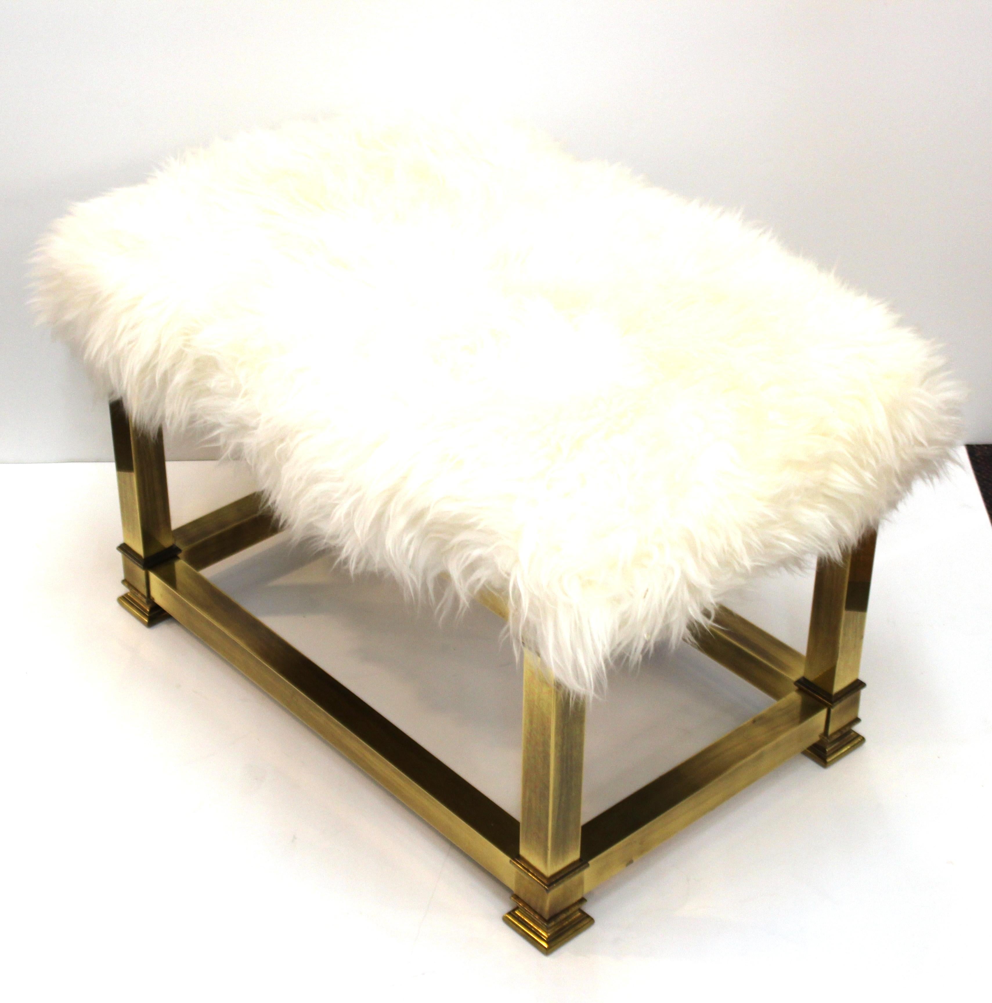 Mid-Century Modern Brass Bench with Sheepskin Upholstery 3